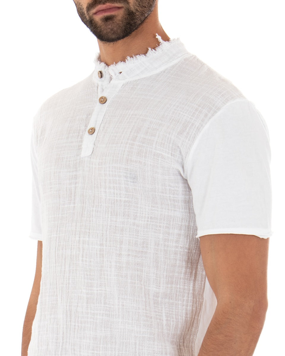 Men's T-shirt Solid Color White Short Sleeves Collar Buttons Cotton GIOSAL
