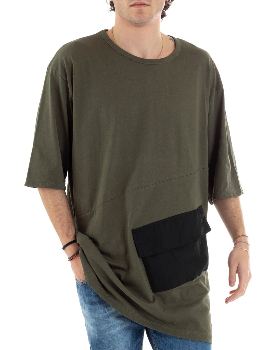 Men's T-Shirt Round Neck Half Sleeve Long Side Pocket Two Colors Solid Color Casual GIOSAL