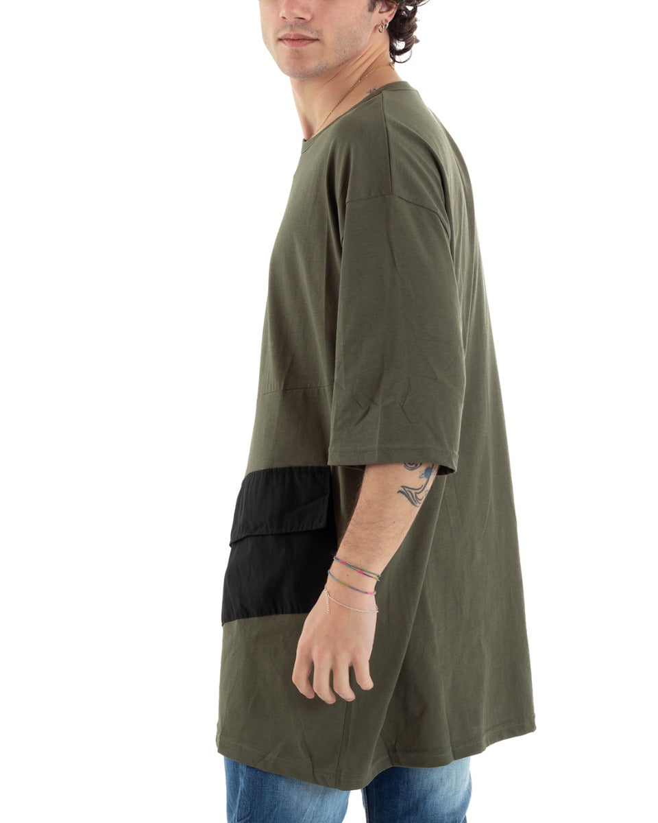Men's T-Shirt Round Neck Half Sleeve Long Side Pocket Two Colors Solid Color Casual GIOSAL