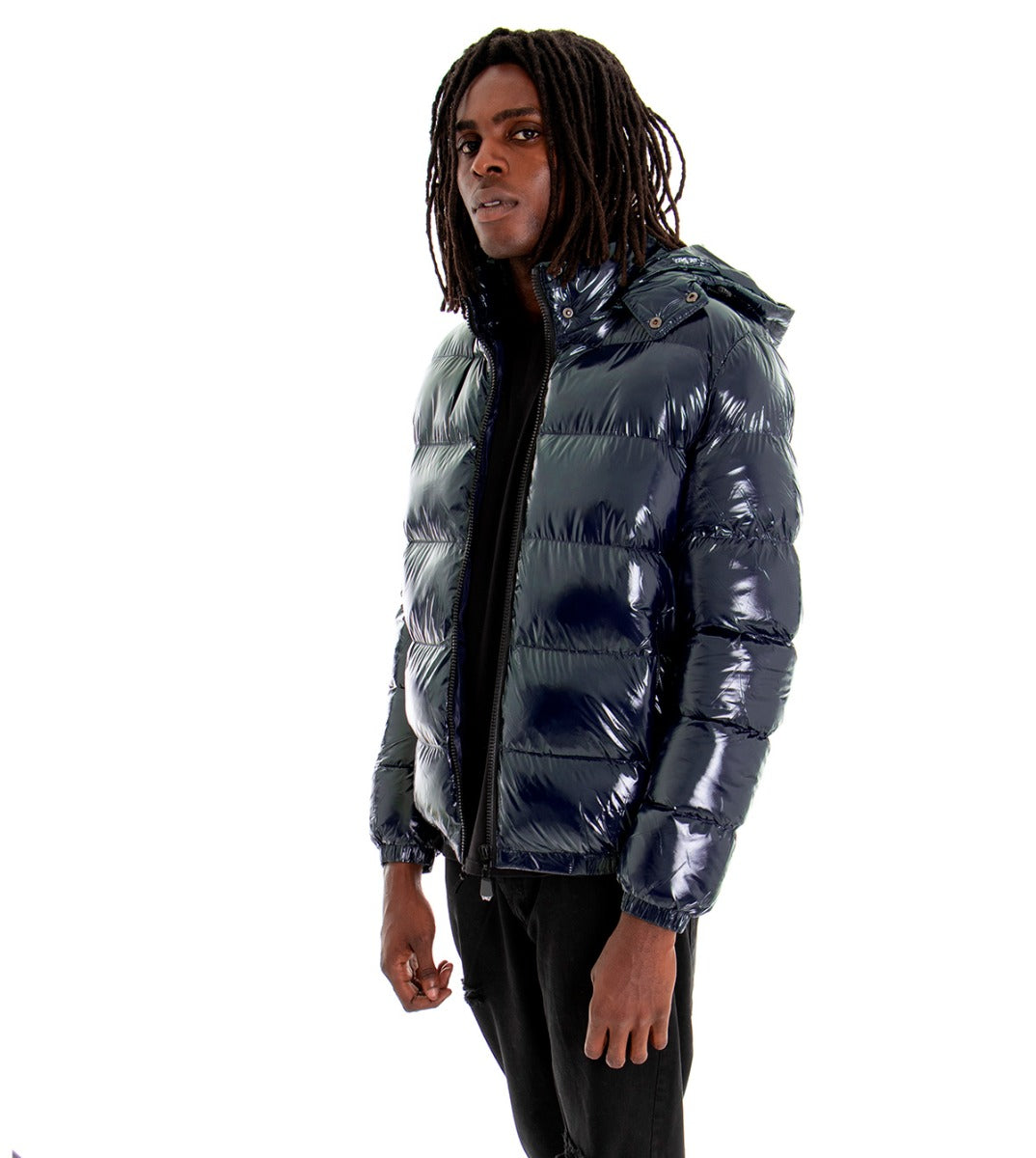 Giubbotto Uomo Vernice Lucido Bomber Con Cappuccio Puffer Piumino Trap