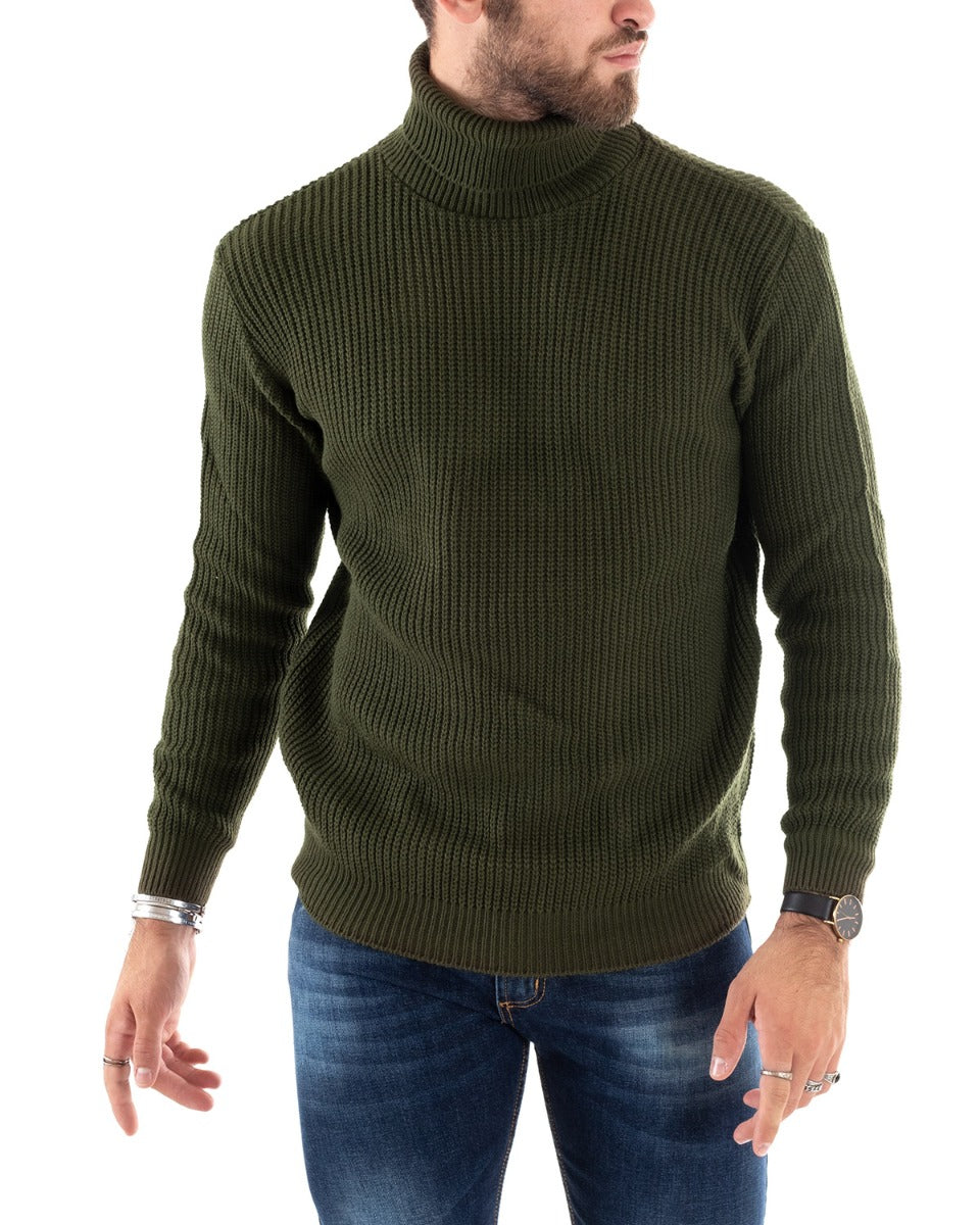 Paul Barrell Men's Pullover Sweater Solid Color Military Green High Neck Casual GIOSAL M2355A