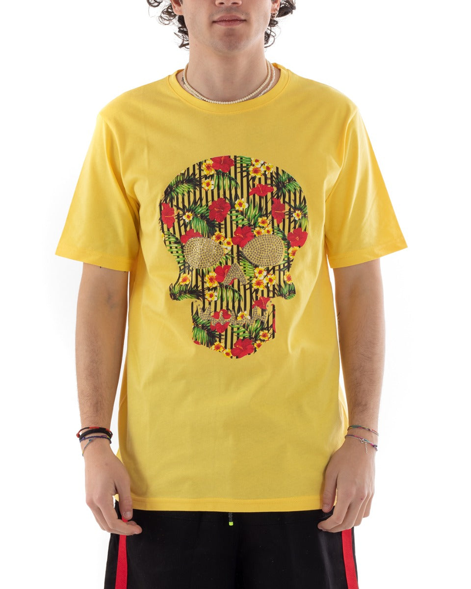 MOD Men's T-Shirt Yellow Skull Print Flowers Half Sleeve GIOSAL