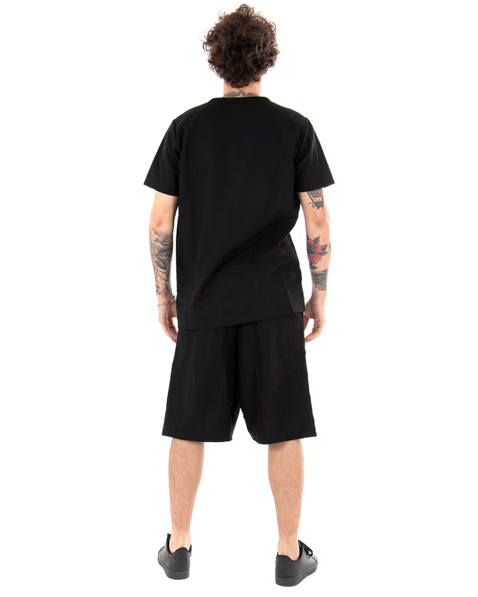 Men's Solid Color Shirt Short Sleeve Black Serafino Round Neck Casual GIOSAL-CC1130A