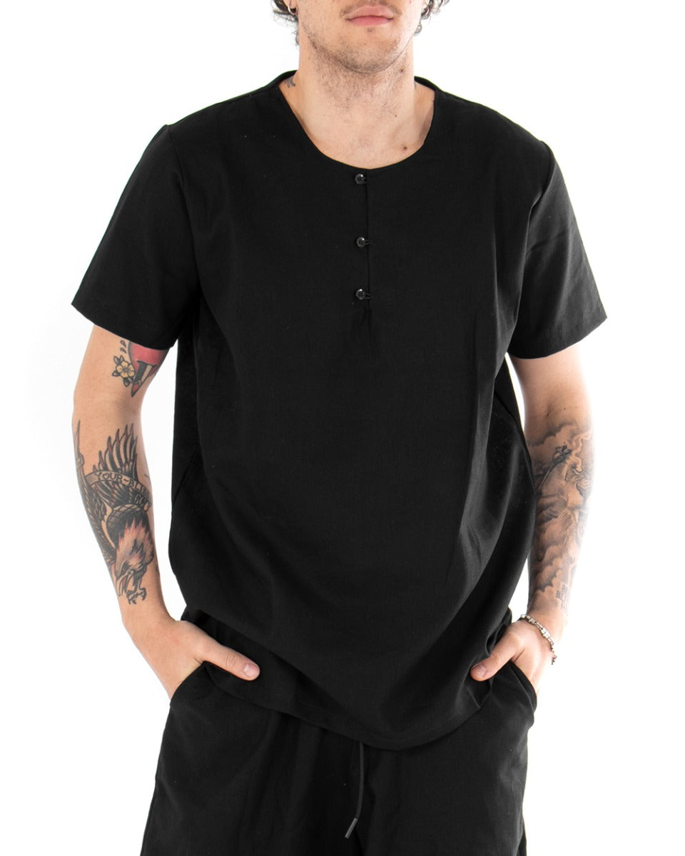 Men's Solid Color Shirt Short Sleeve Black Serafino Round Neck Casual GIOSAL-CC1130A