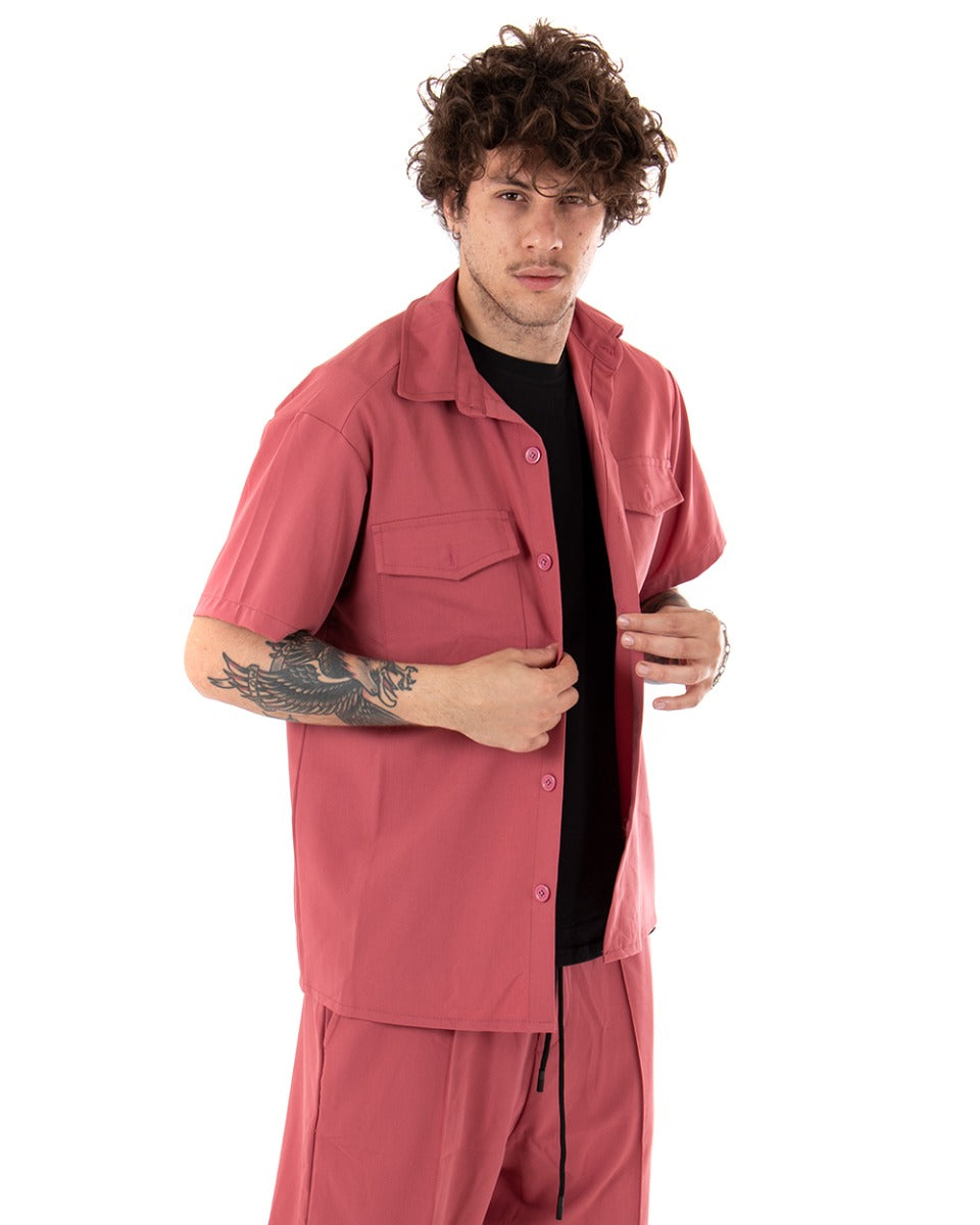 Camicia Uomo Manica Corta Tinta Unita Colletto Rosa Casual GIOSAL-CC1134A