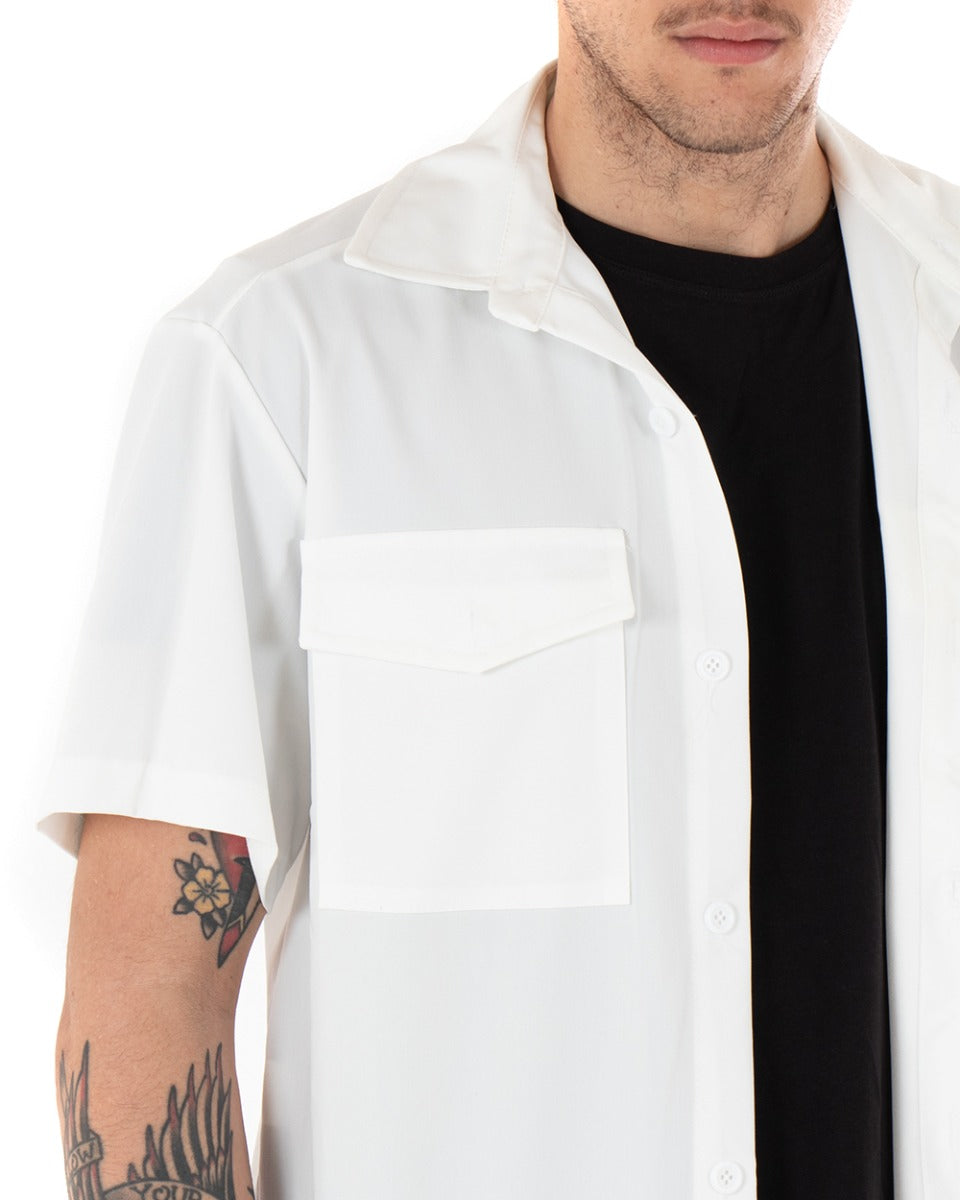 Camicia Uomo Manica Corta Tinta Unita Colletto Bianco Casual GIOSAL-CC1136A