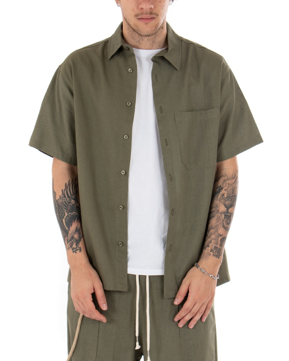 Men's Short Sleeve Linen Shirt Solid Color Green Casual Pocket Collar GIOSAL-CC1115A