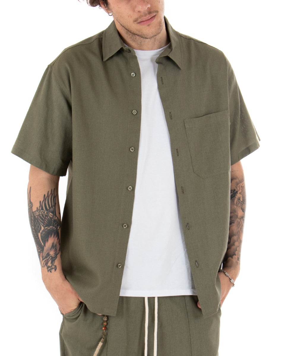 Men's Short Sleeve Linen Shirt Solid Color Green Casual Pocket Collar GIOSAL-CC1115A