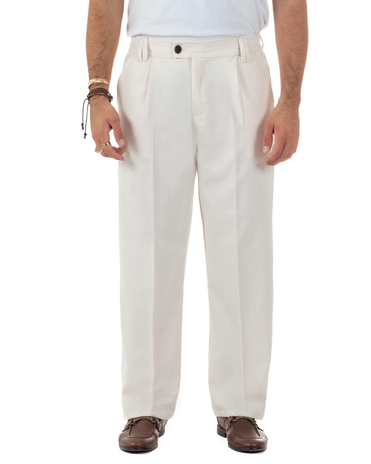 Pantaloni Uomo Viscosa Baggy Fondo Ampio Abbottonatura Allungata Panna P5915A