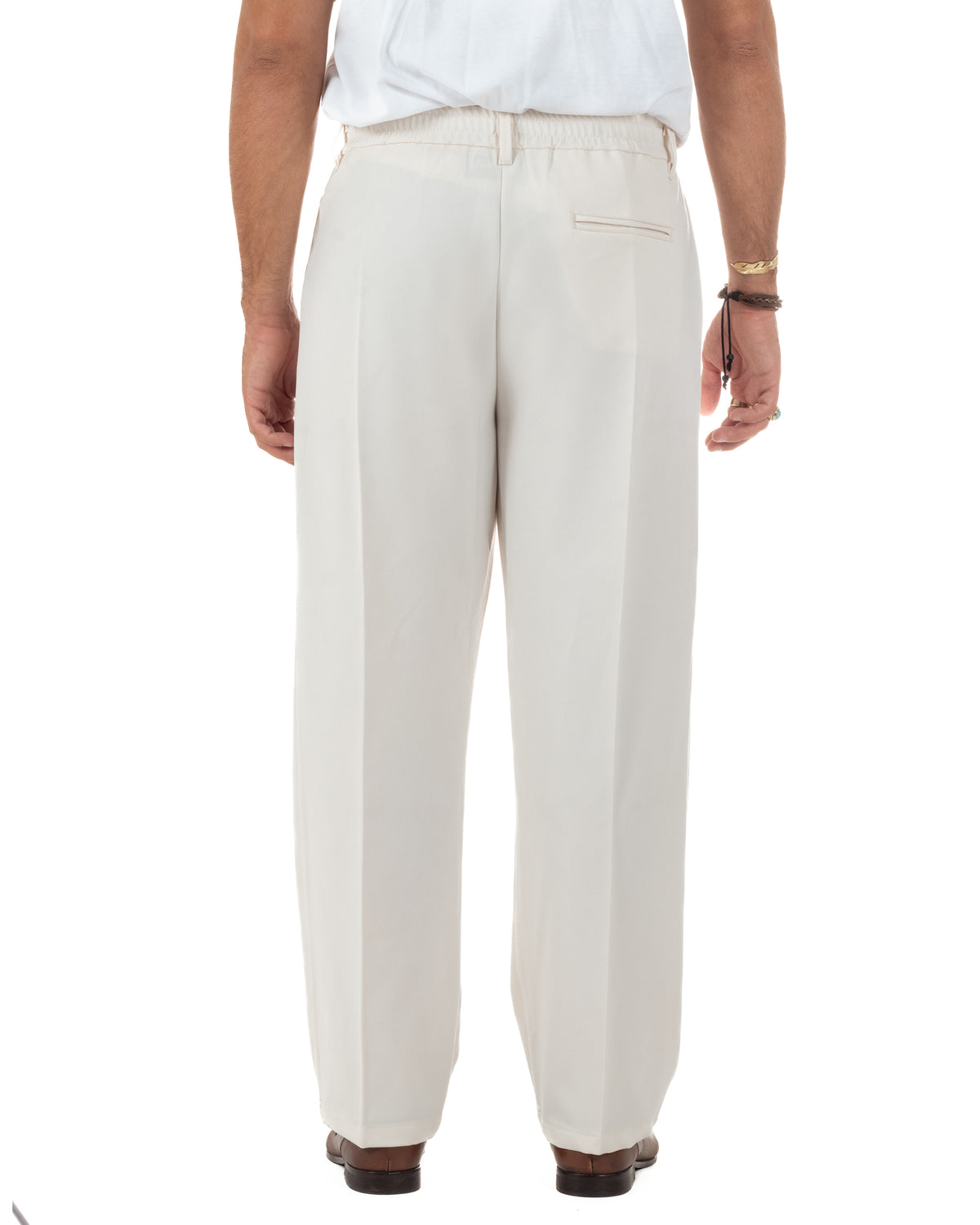 Pantaloni Uomo Viscosa Baggy Fondo Ampio Abbottonatura Allungata Panna P5915A
