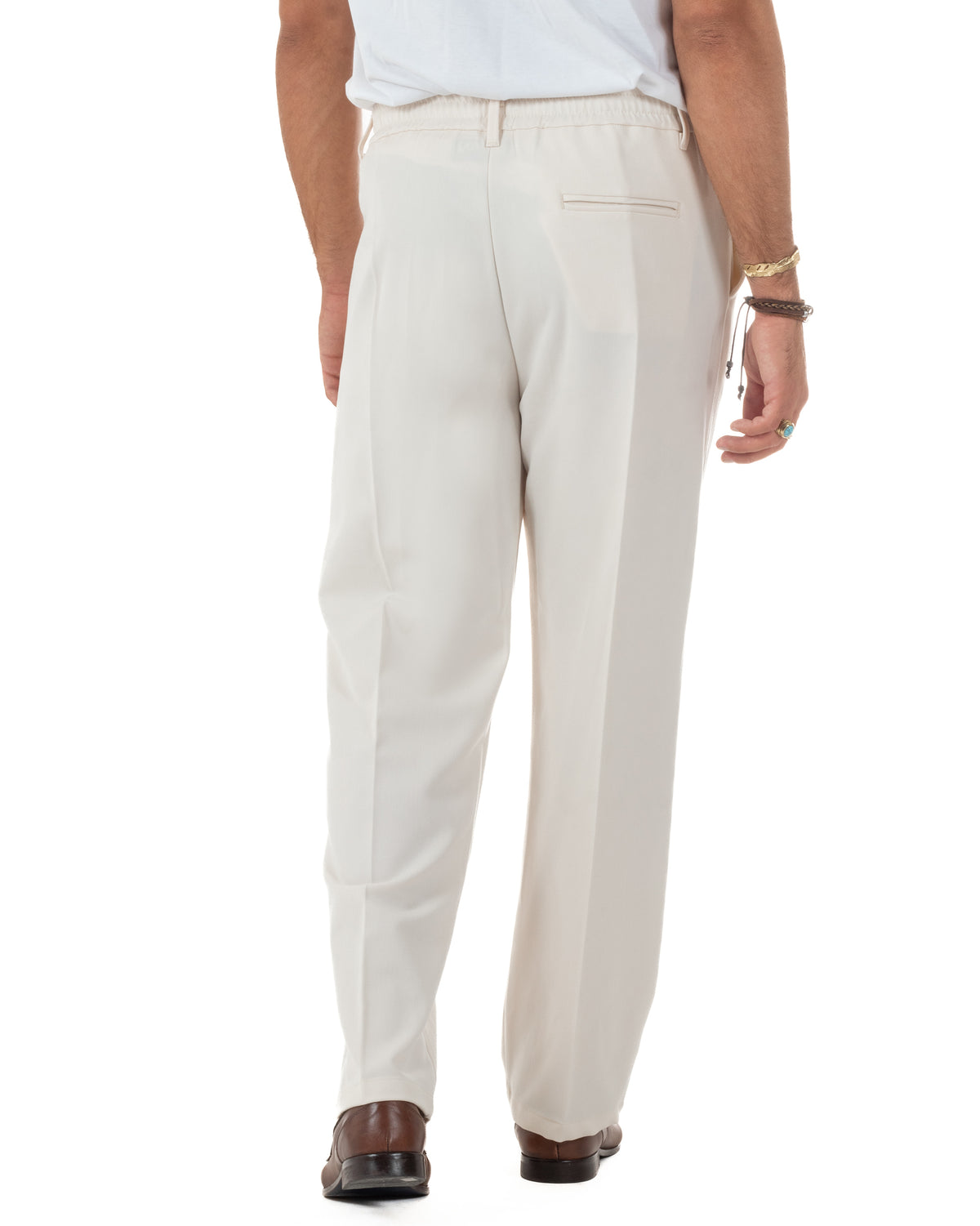 Pantaloni Uomo Viscosa Baggy Fondo Ampio Abbottonatura Allungata Panna P5915A