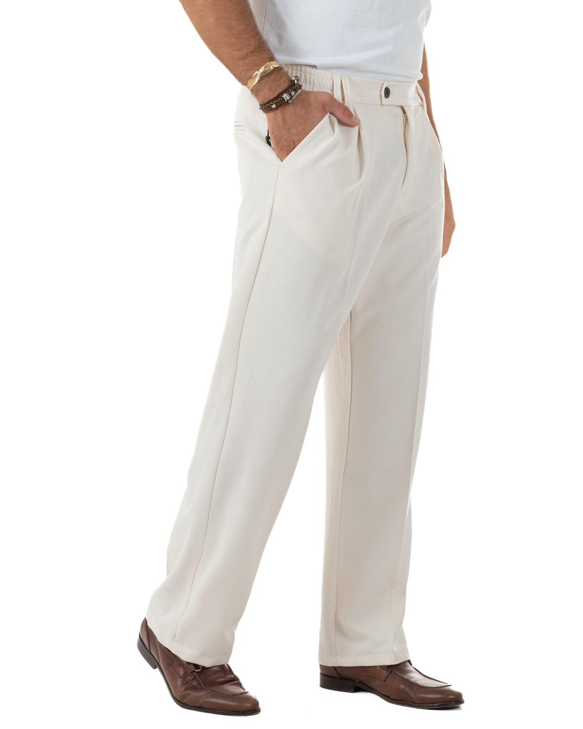 Pantaloni Uomo Viscosa Baggy Fondo Ampio Abbottonatura Allungata Panna P5915A