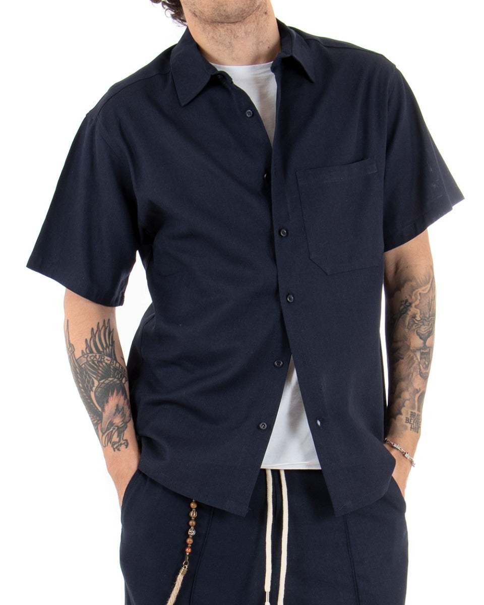 Men's Short Sleeve Linen Shirt Solid Color Blue Casual Pocket Collar GIOSAL-CC1116A