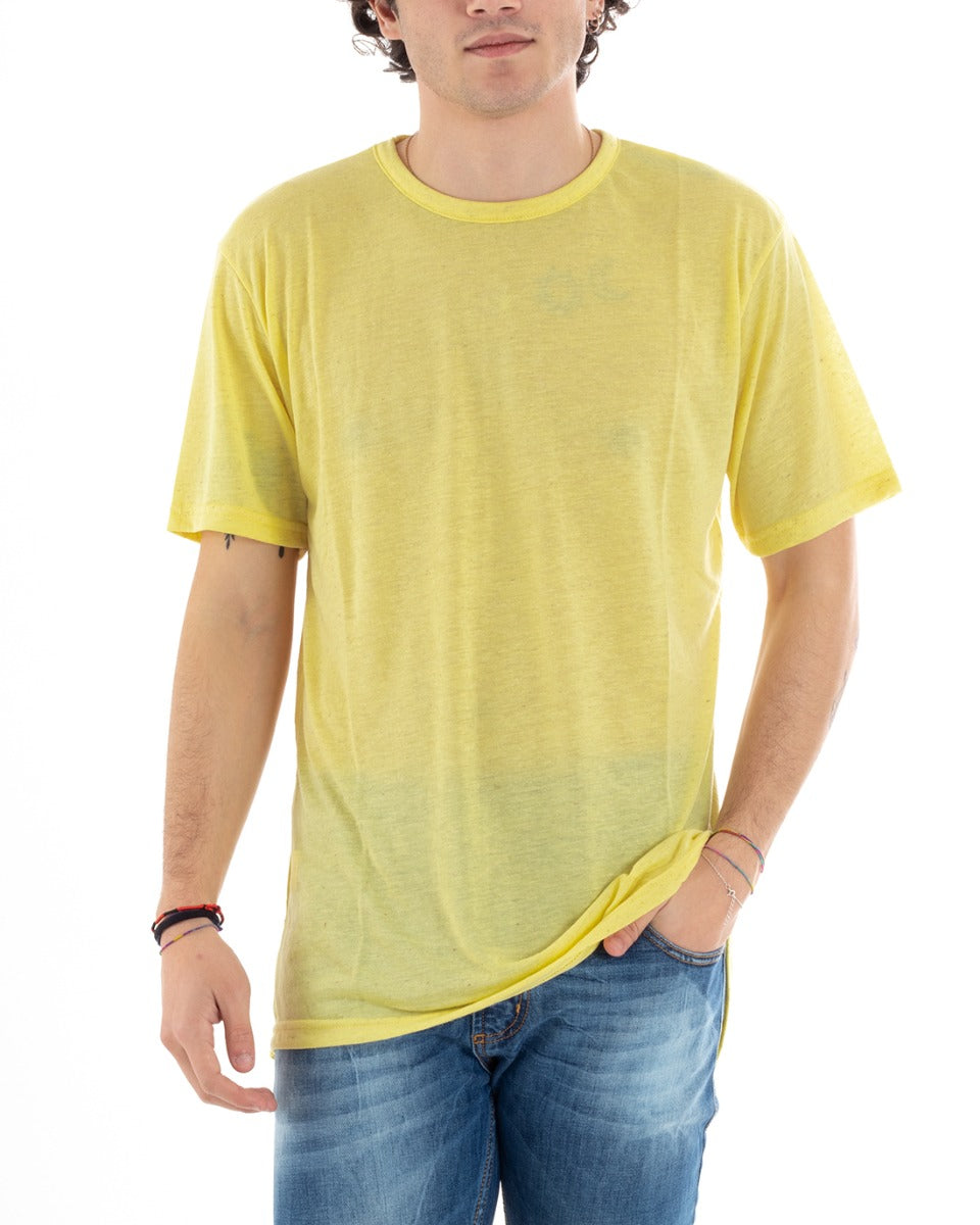 T-Shirt Uomo Mezza Manica Mod.Parka Tinta Unita Gialla Girocollo Slim GIOSAL-TS1373A