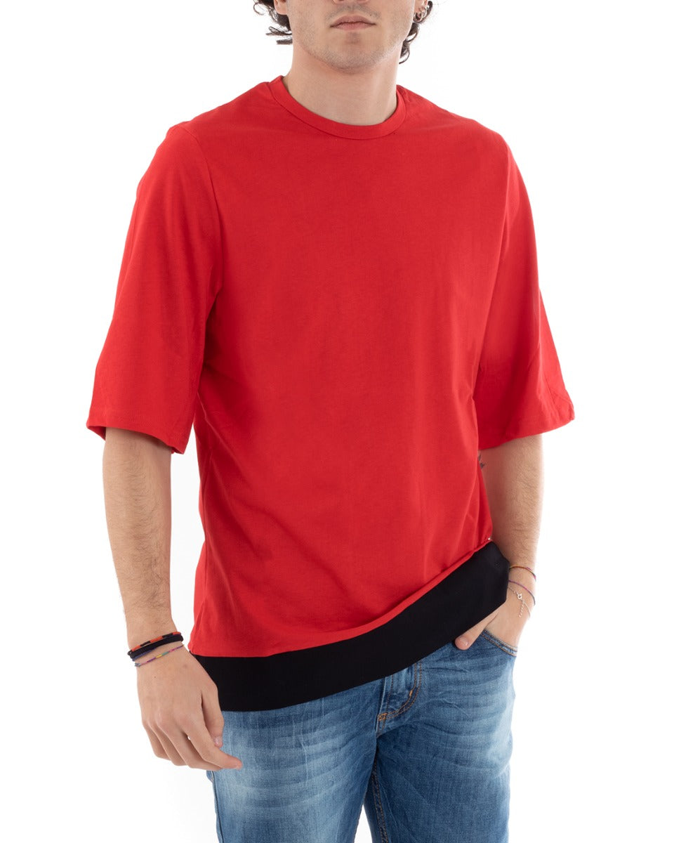 T-Shirt Uomo Akirò Tinta Unita Rossa Girocollo Riga Nera Cotone Manica Corta GIOSAL