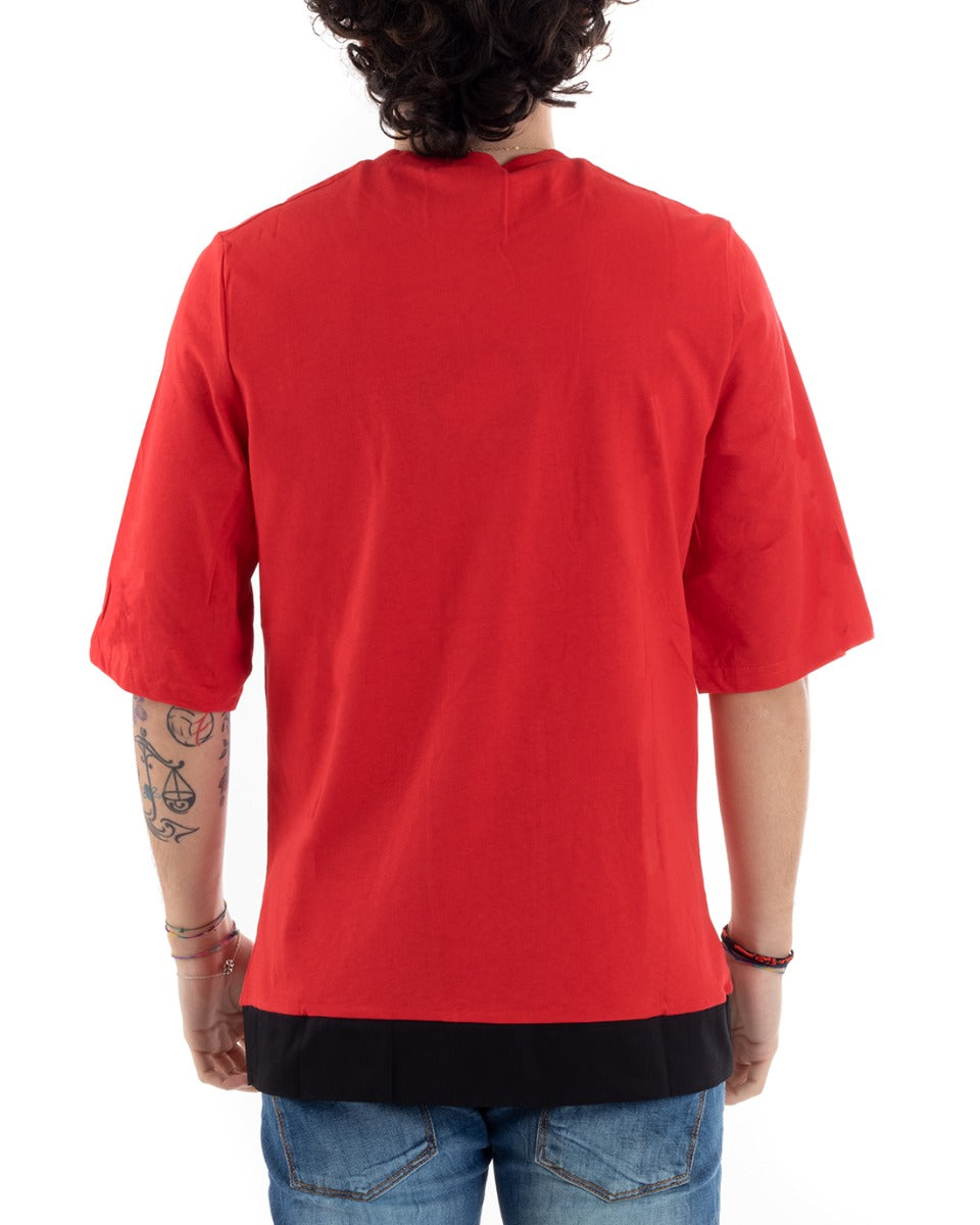 T-Shirt Uomo Akirò Tinta Unita Rossa Girocollo Riga Nera Cotone Manica Corta GIOSAL