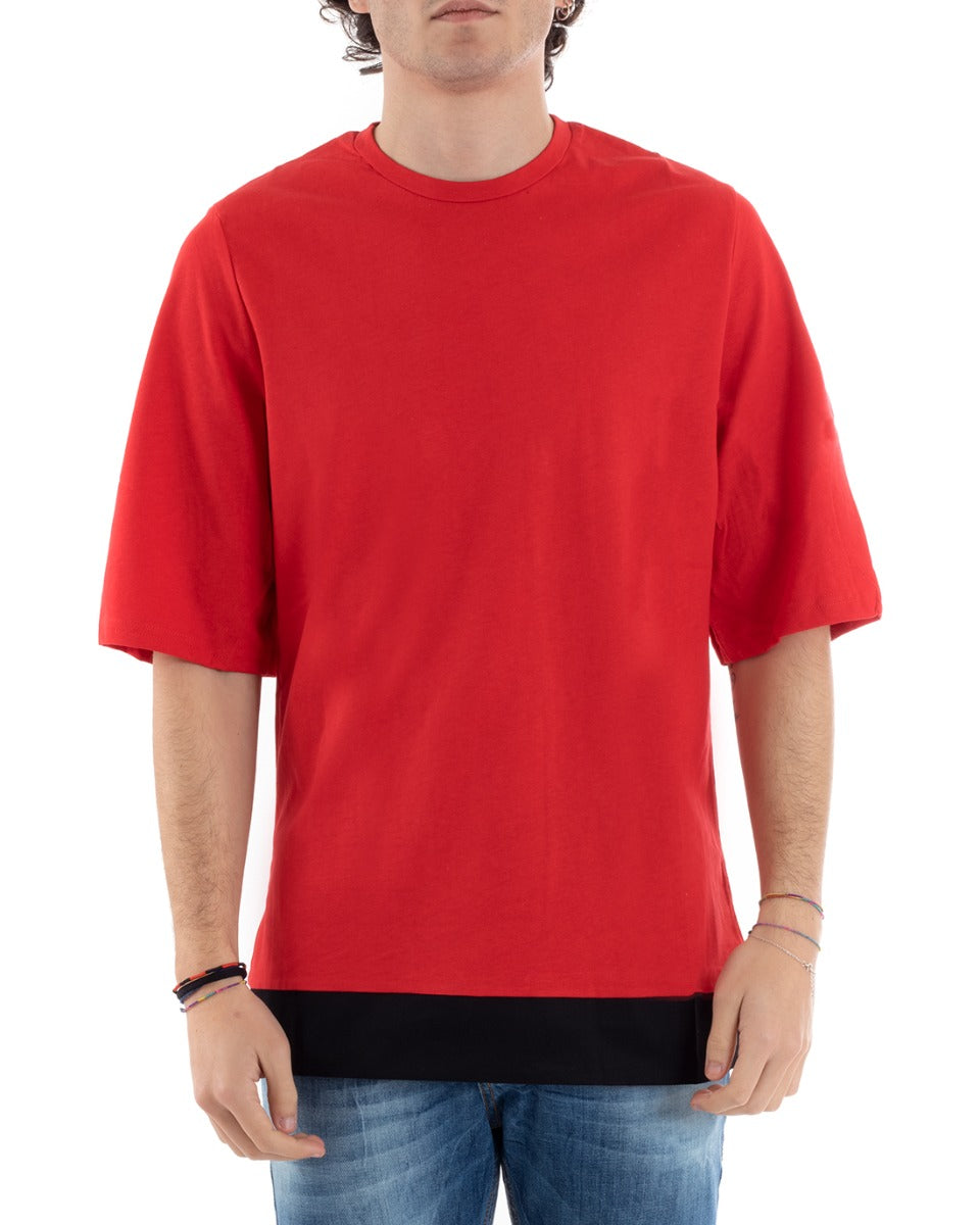 Akirò Men's T-Shirt Solid Color Red Crew Neck Black Stripe Cotton Short Sleeve GIOSAL