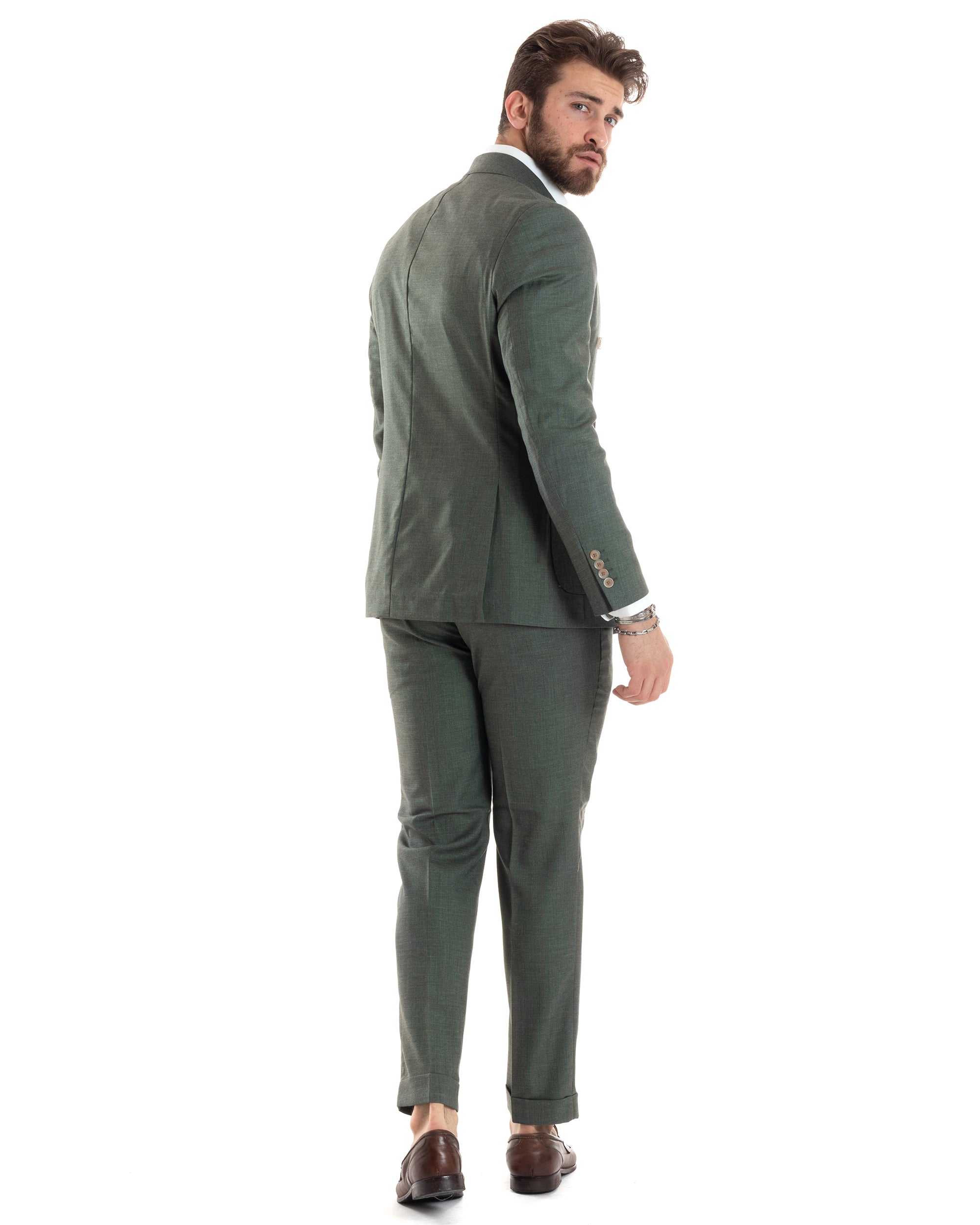 Abito Uomo Doppiopetto Vestito Completo Giacca Pantaloni Verde Gessato Elegante Casual GIOSAL-AE1026A