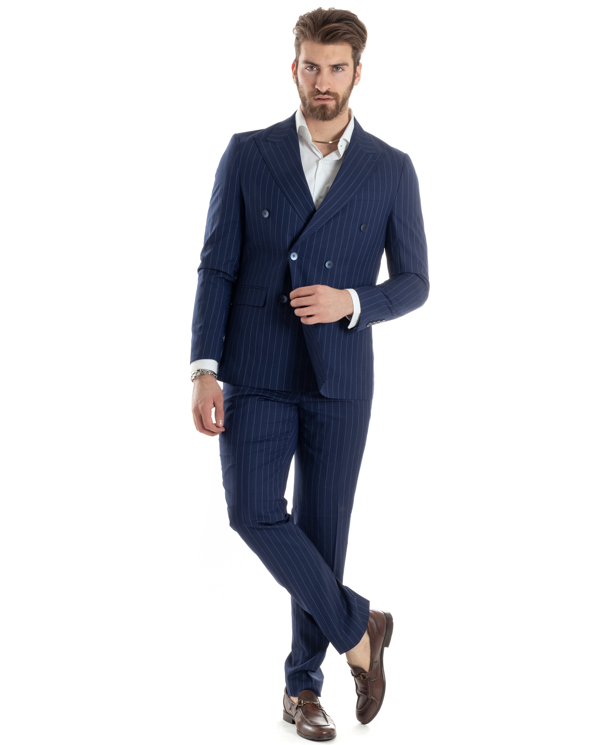 Abito Uomo Doppiopetto Vestito Completo Giacca Pantaloni Blu Gessato Elegante Casual GIOSAL-AE1027A