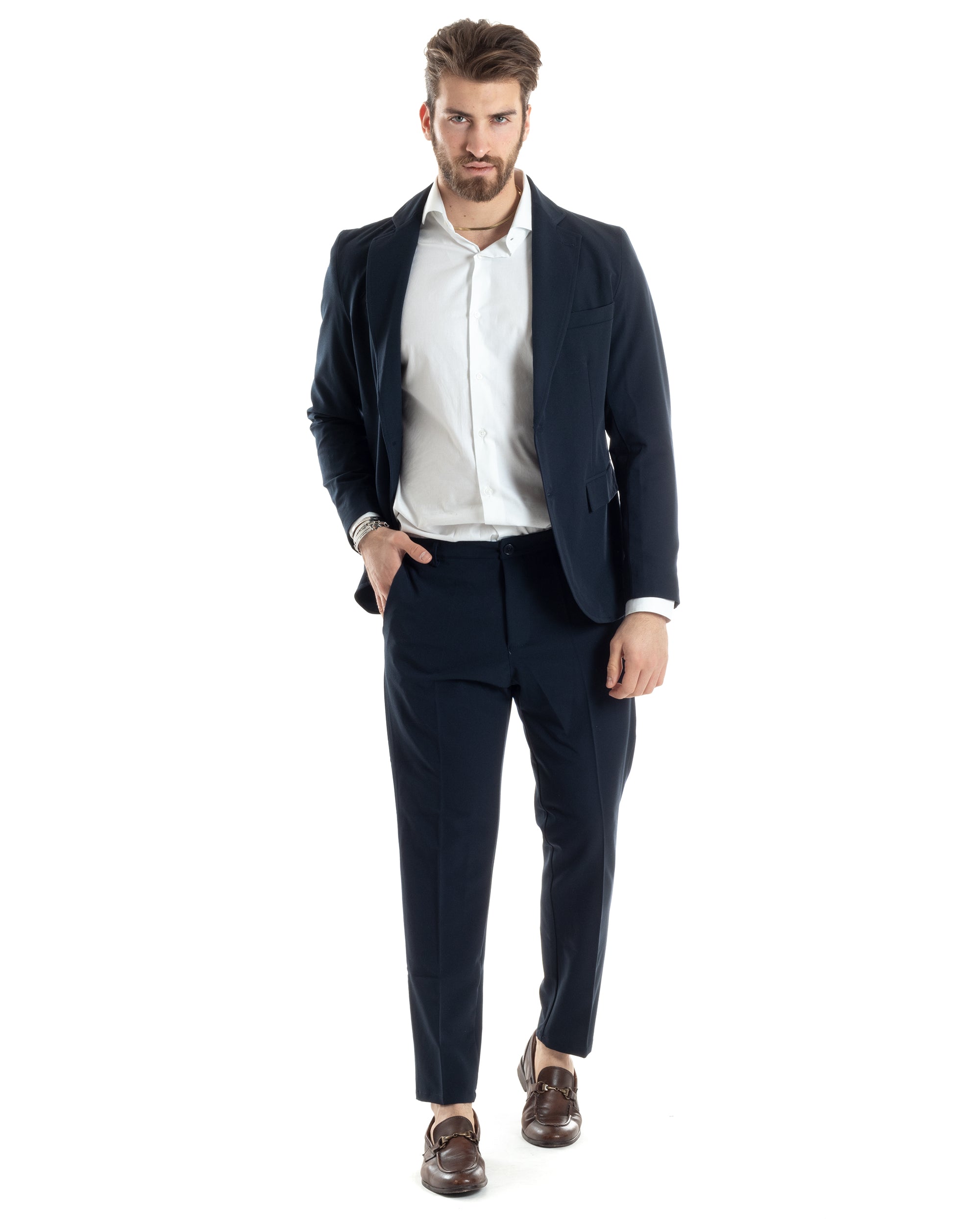 Abito Uomo Monopetto Vestito Completo Giacca Pantaloni Blu Tinta Unita Elegante Casual GIOSAL-AE1030A