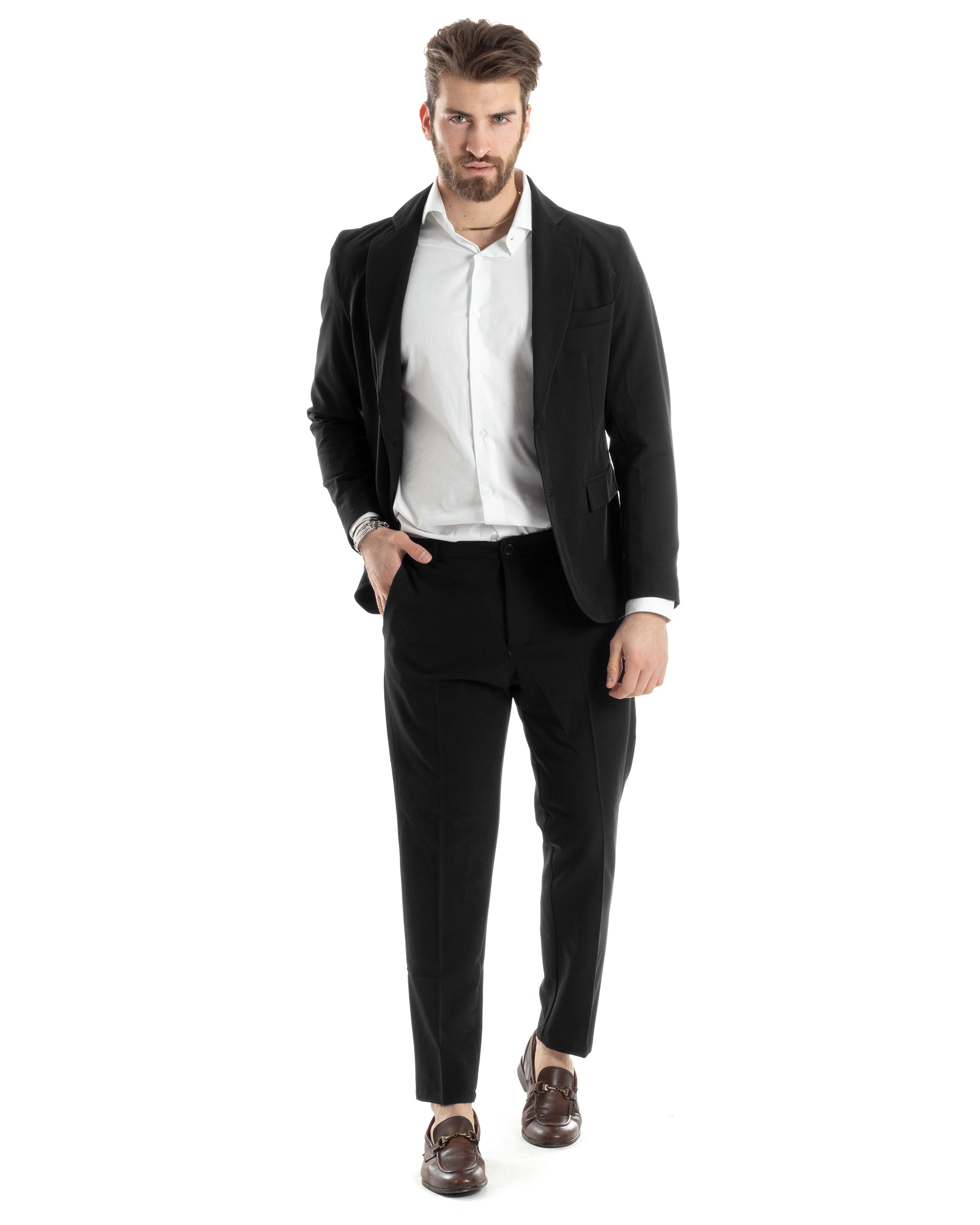 Abito Uomo Monopetto Vestito Completo Giacca Pantaloni Nero Tinta Unita Elegante Casual GIOSAL-AE1033A