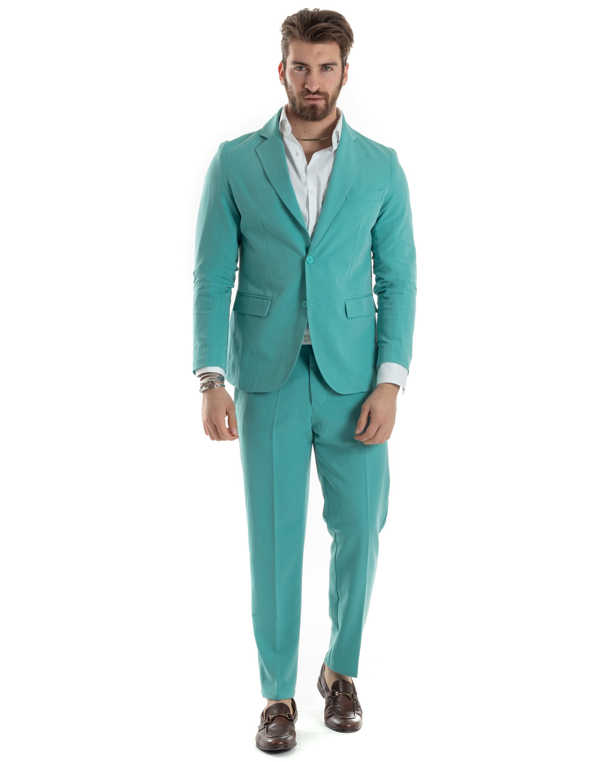 Abito Uomo Monopetto Vestito Completo Giacca Pantaloni Verde Acqua Tinta Unita Elegante Casual GIOSAL-AE1034A