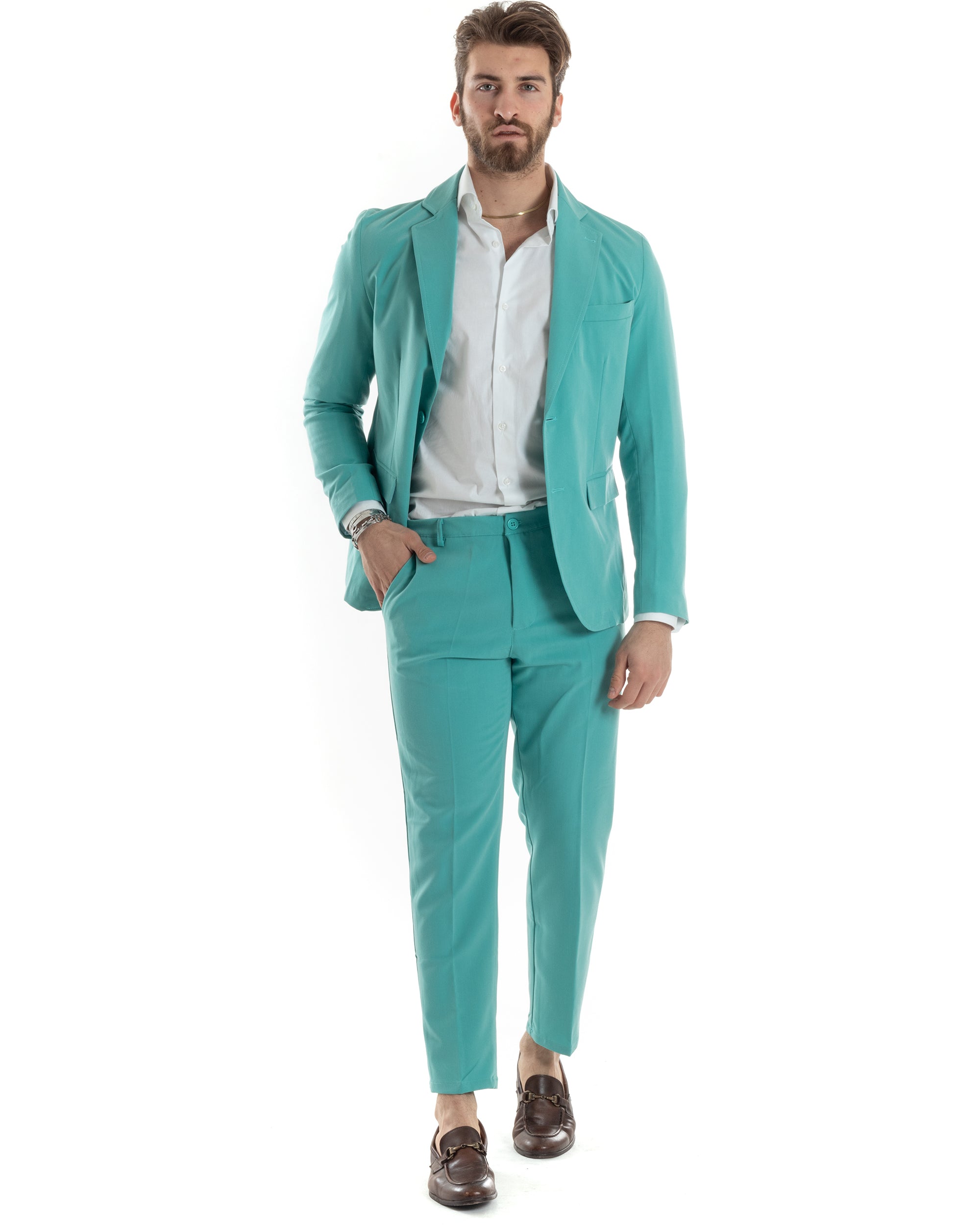 Abito Uomo Monopetto Vestito Completo Giacca Pantaloni Verde Acqua Tinta Unita Elegante Casual GIOSAL-AE1034A