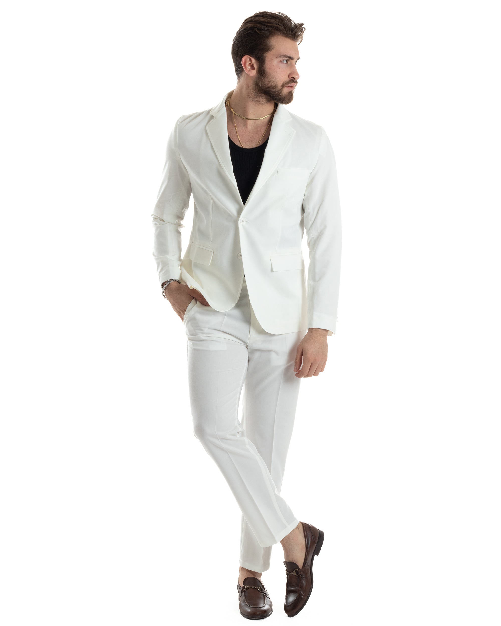 Abito Uomo Monopetto Vestito Completo Giacca Pantaloni Bianco Tinta Unita Elegante Casual GIOSAL-AE1035A