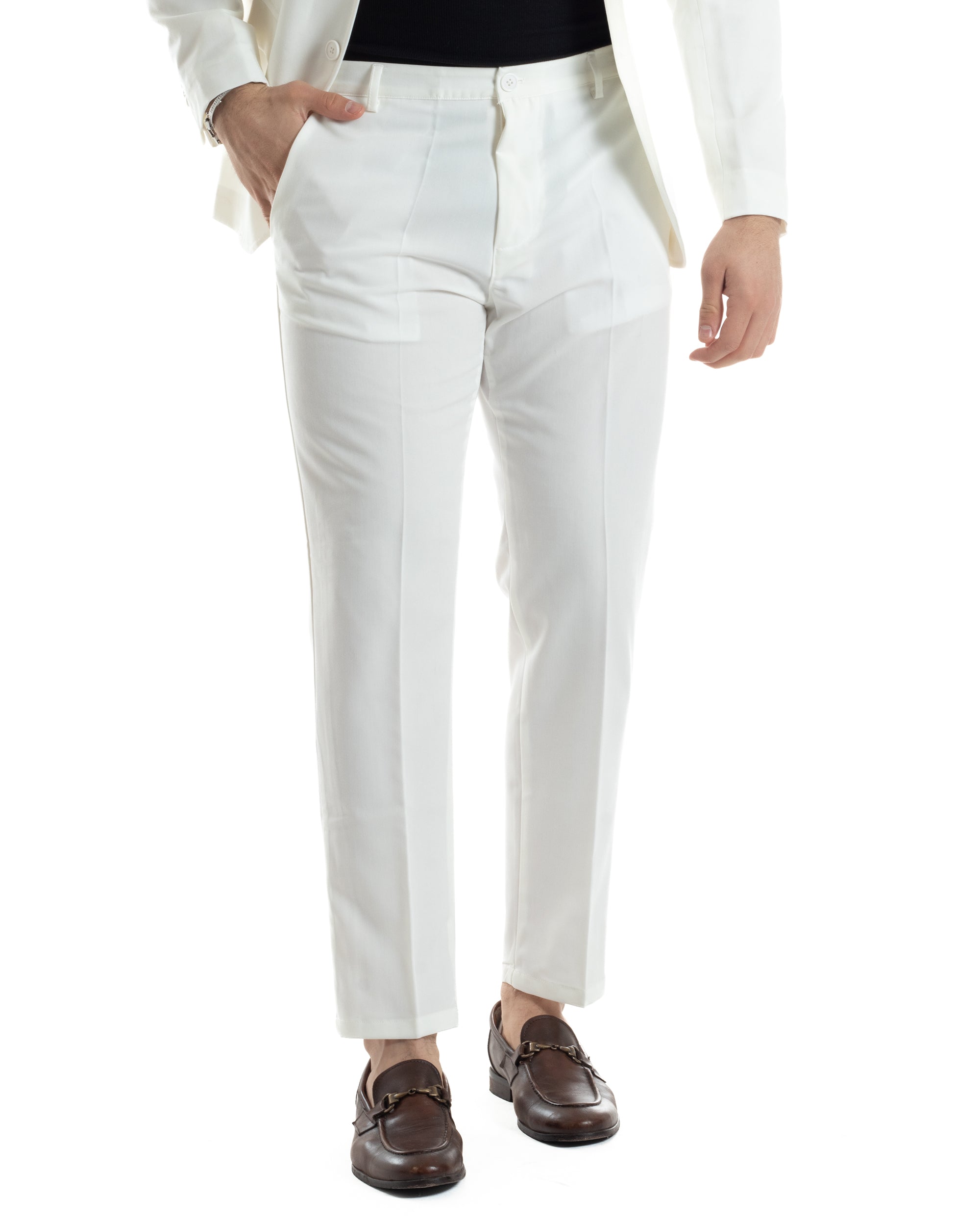Abito Uomo Monopetto Vestito Completo Giacca Pantaloni Bianco Tinta Unita Elegante Casual GIOSAL-AE1035A