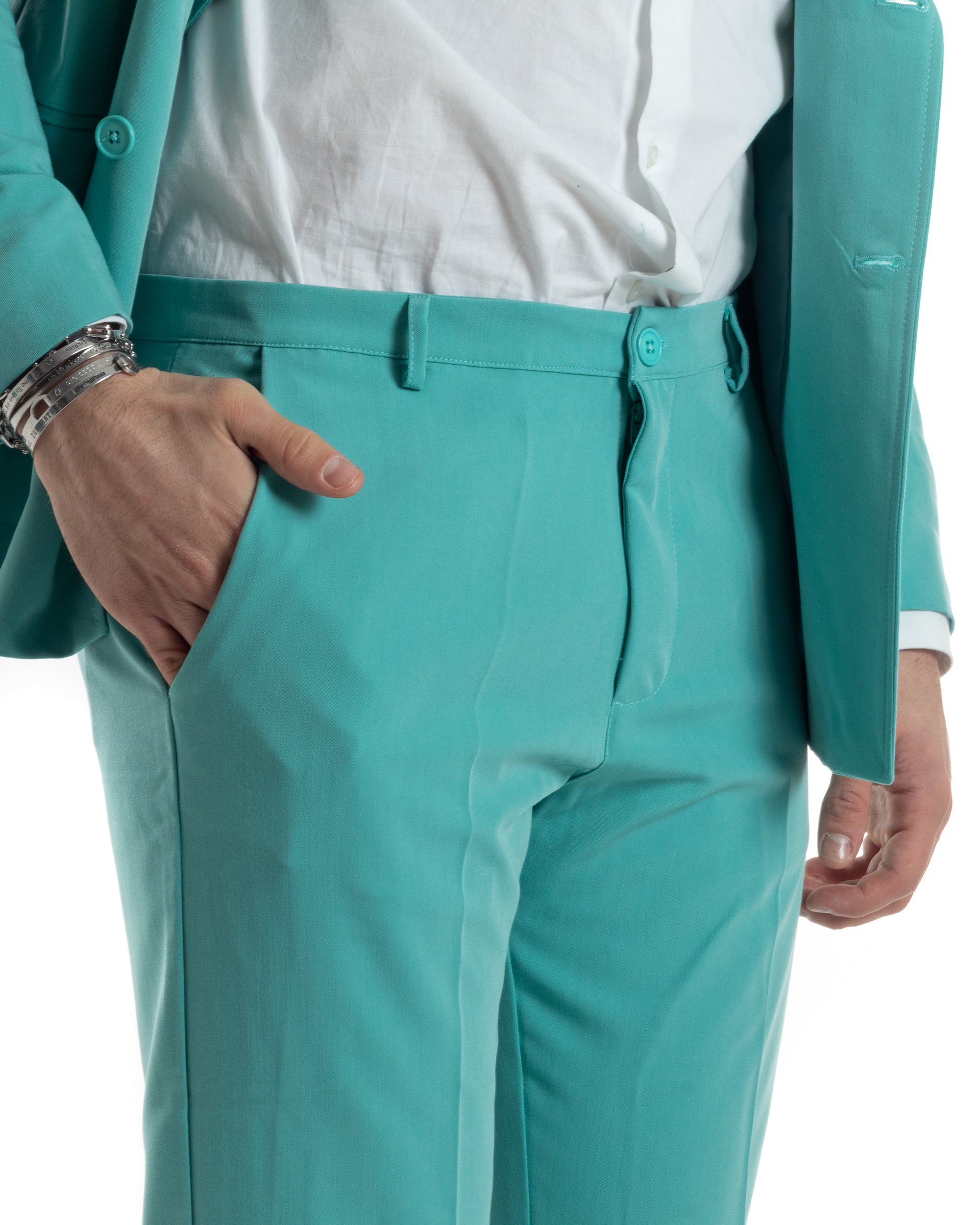Abito Uomo Doppiopetto Vestito Completo Giacca Pantaloni Verde Acqua Tinta Unita Elegante Casual GIOSAL-AE1040A