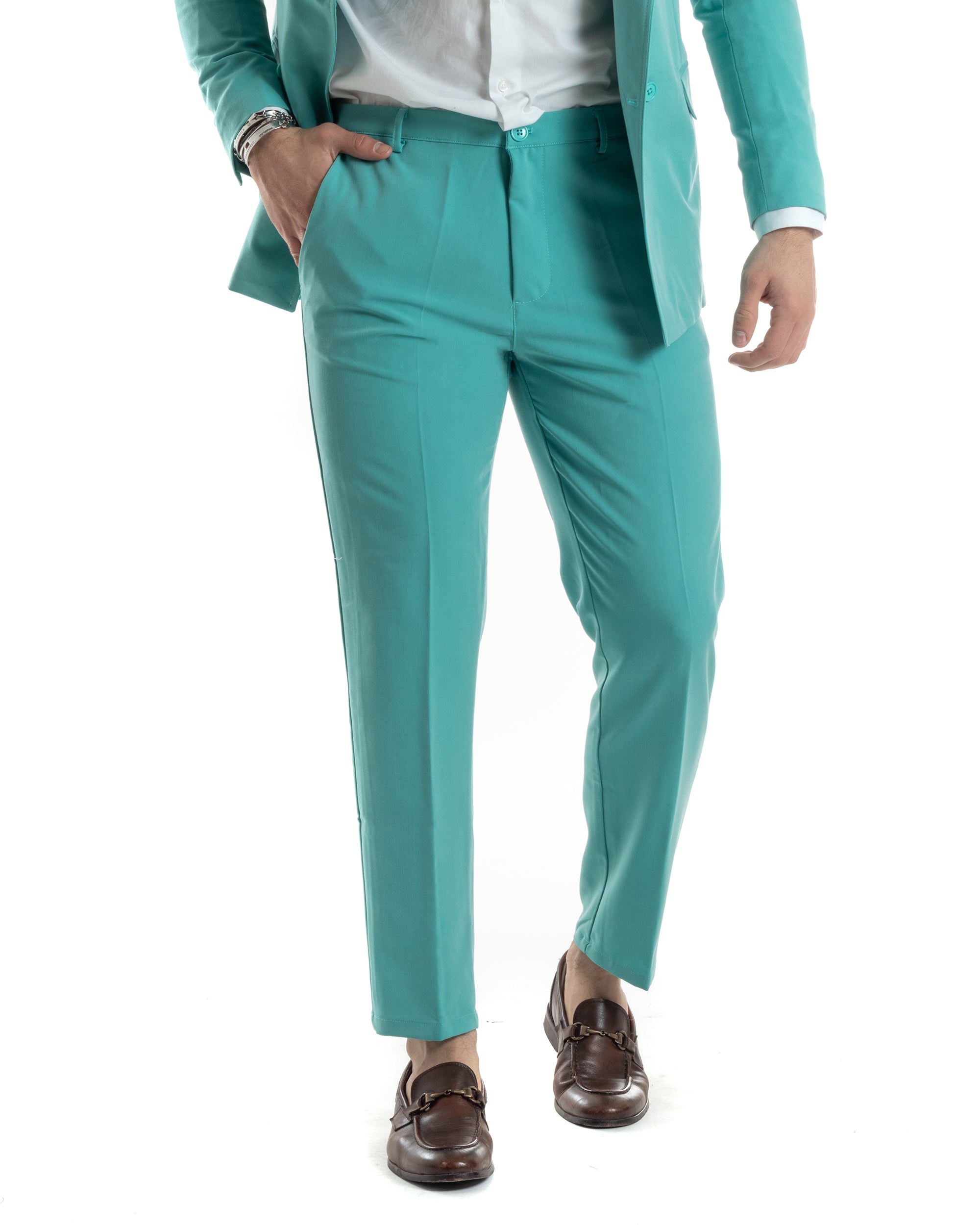 Abito Uomo Doppiopetto Vestito Completo Giacca Pantaloni Verde Acqua Tinta Unita Elegante Casual GIOSAL-AE1040A