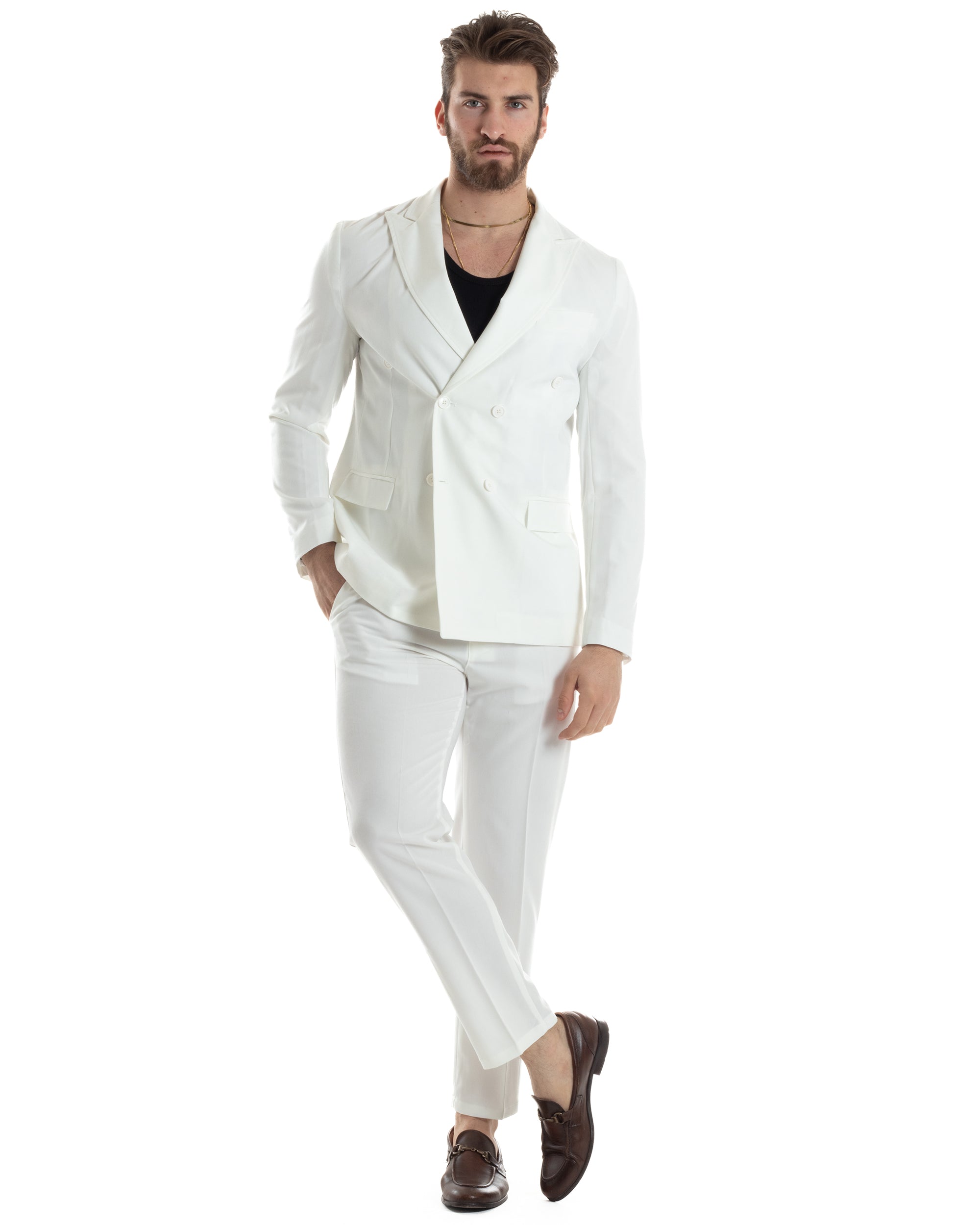 Abito Uomo Doppiopetto Vestito Completo Giacca Pantaloni Bianco Tinta Unita Elegante Casual GIOSAL-AE1041A