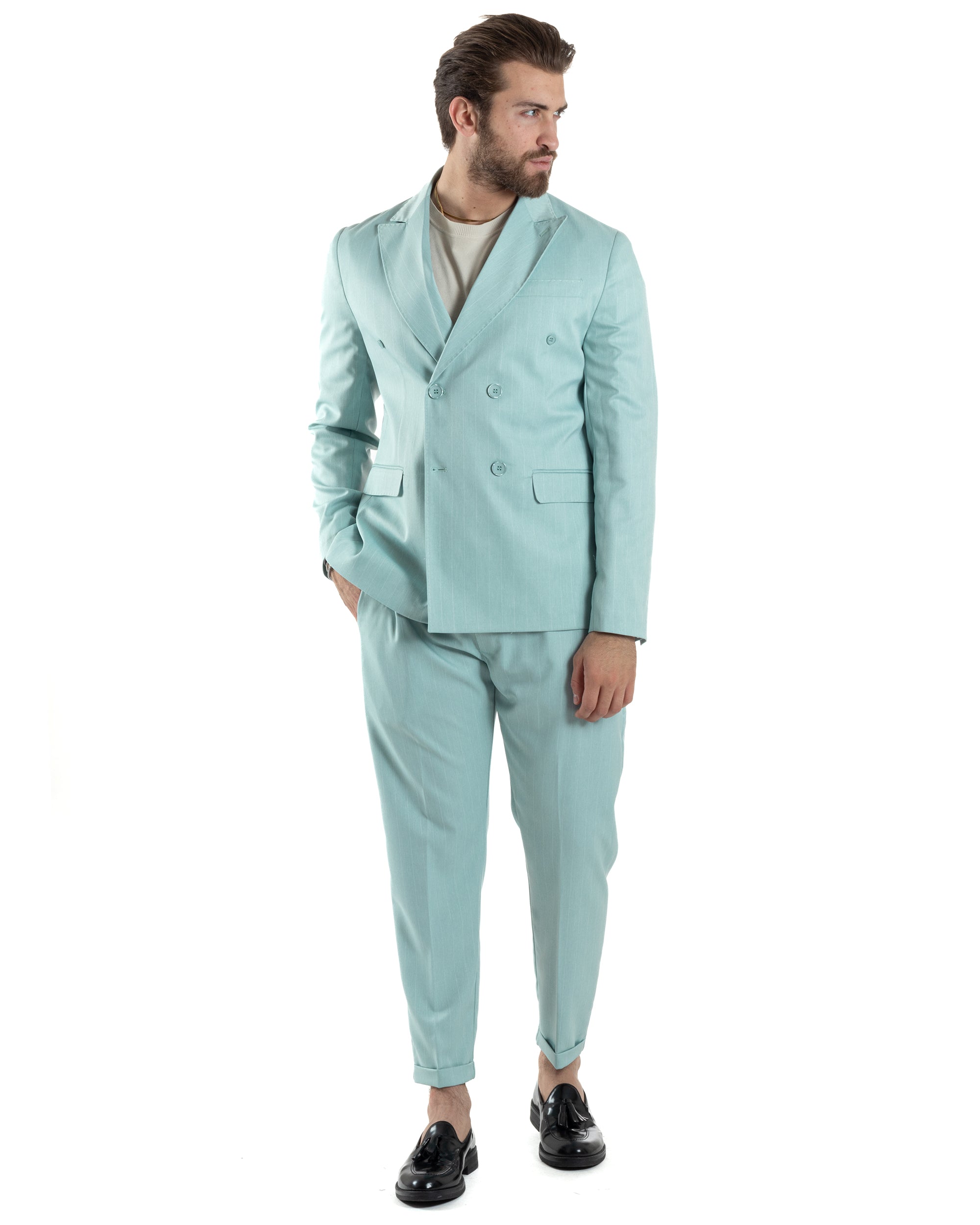 Double-Breasted Men's Suit Suit Jacket Pants Beige Pinstripe Elegant Casual GIOSAL-OU2403A