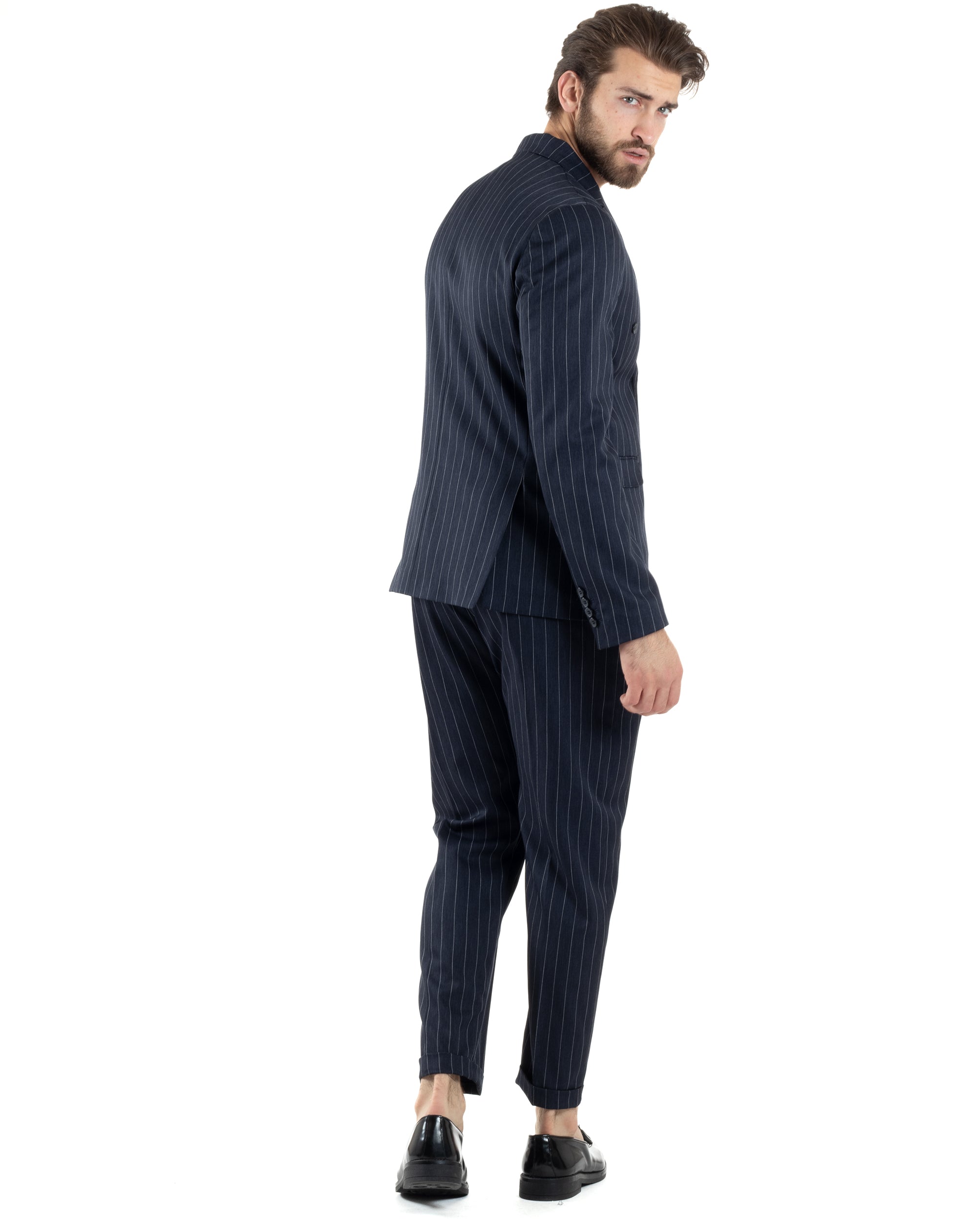 Abito Uomo Doppiopetto Vestito Completo Giacca Pantaloni Blu Gessato Elegante Casual GIOSAL-AE1053A