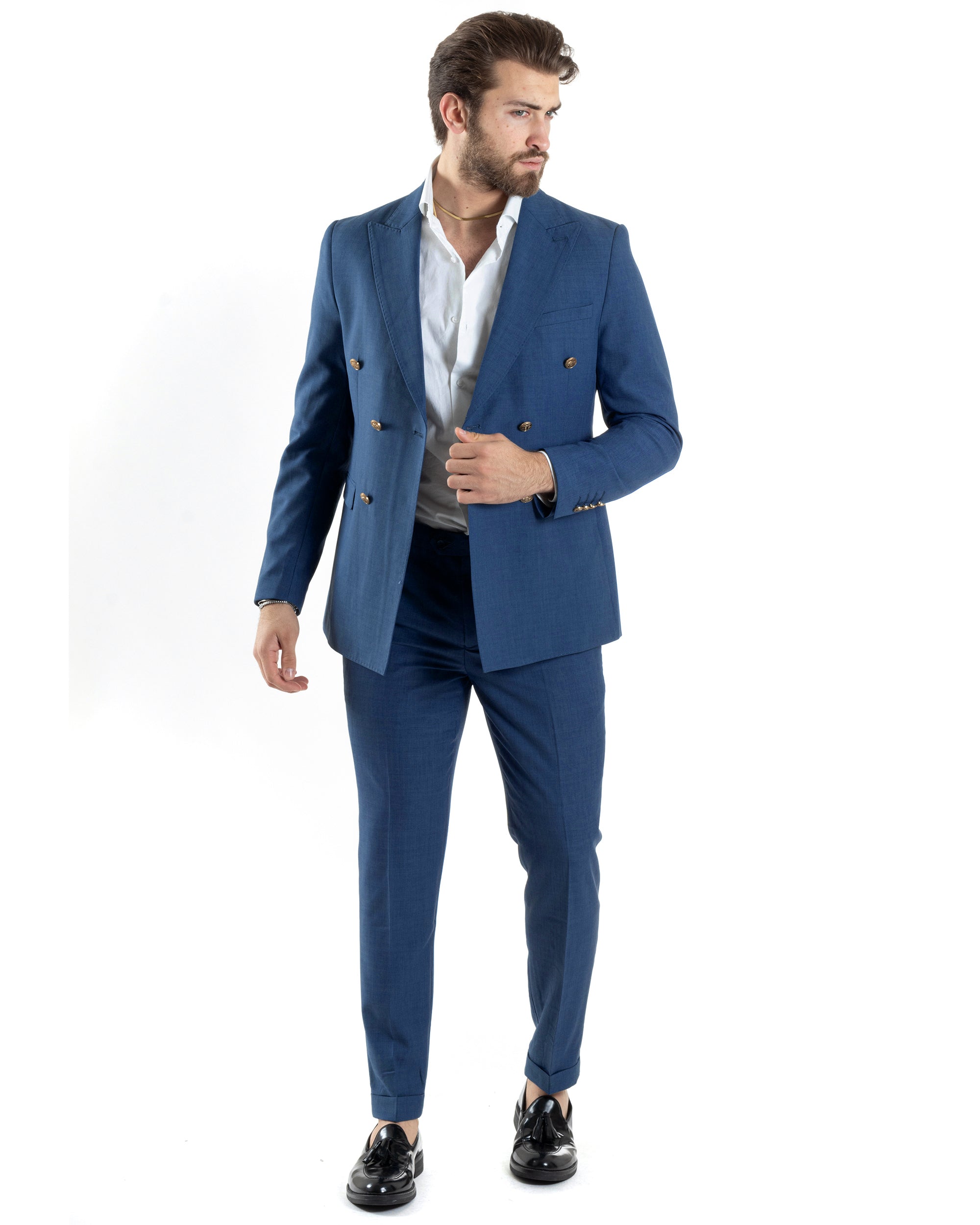 Abito Uomo Doppiopetto Vestito Completo Giacca Pantaloni Bottoni Metallo Blu Melangiato Elegante Casual GIOSAL-AE1056A