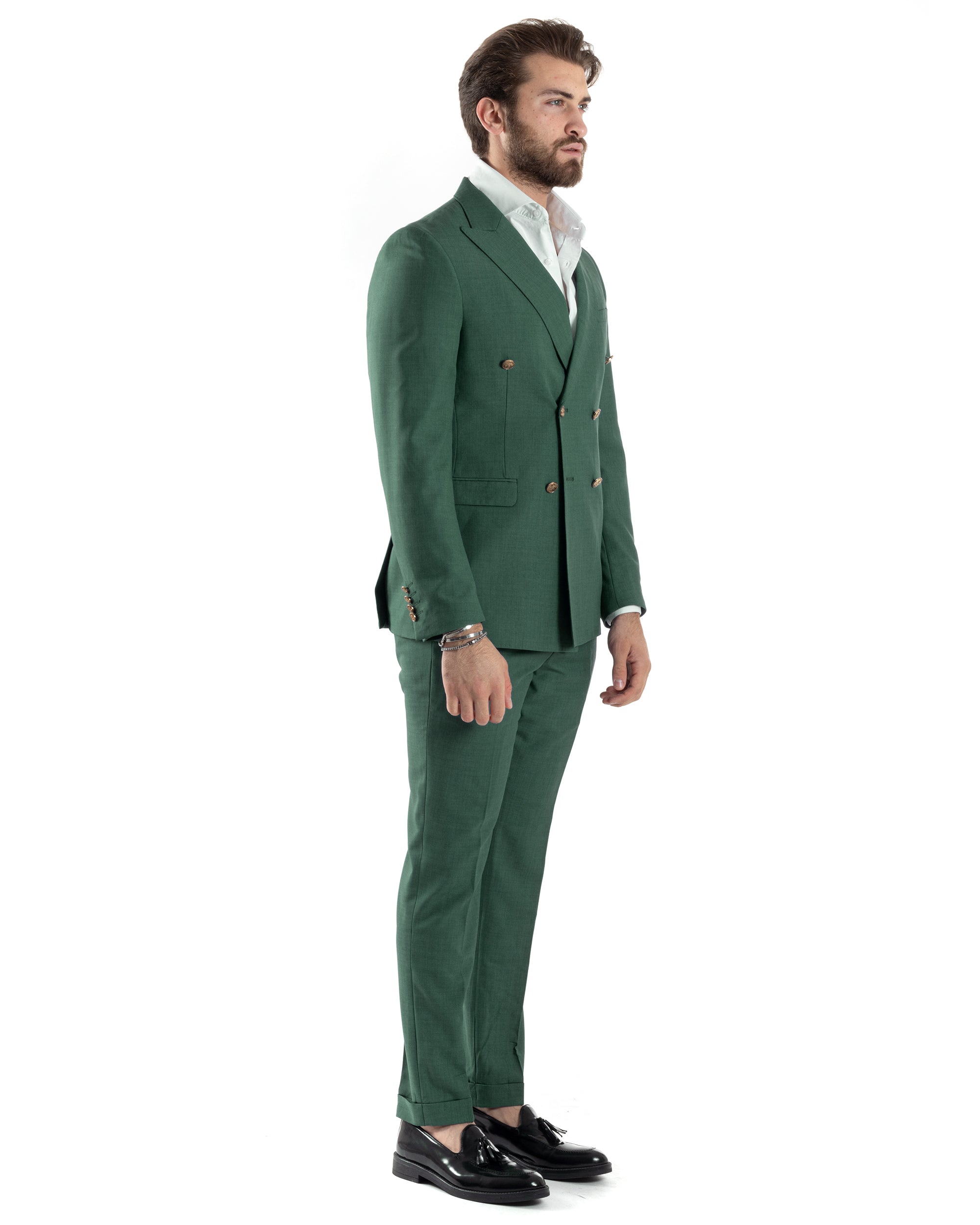 Abito Uomo Doppiopetto Vestito Completo Giacca Pantaloni Bottoni Metallo Verde Melangiato Elegante Casual GIOSAL-AE1057A
