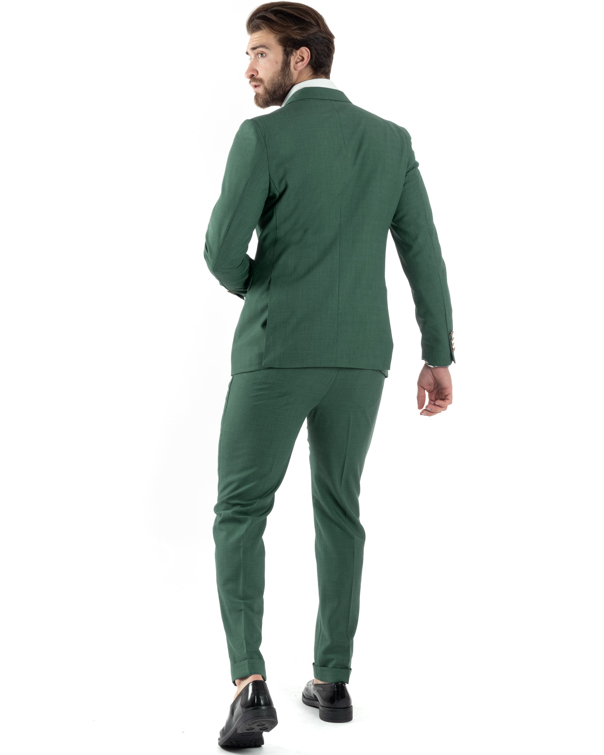 Abito Uomo Doppiopetto Vestito Completo Giacca Pantaloni Bottoni Metallo Verde Melangiato Elegante Casual GIOSAL-AE1057A