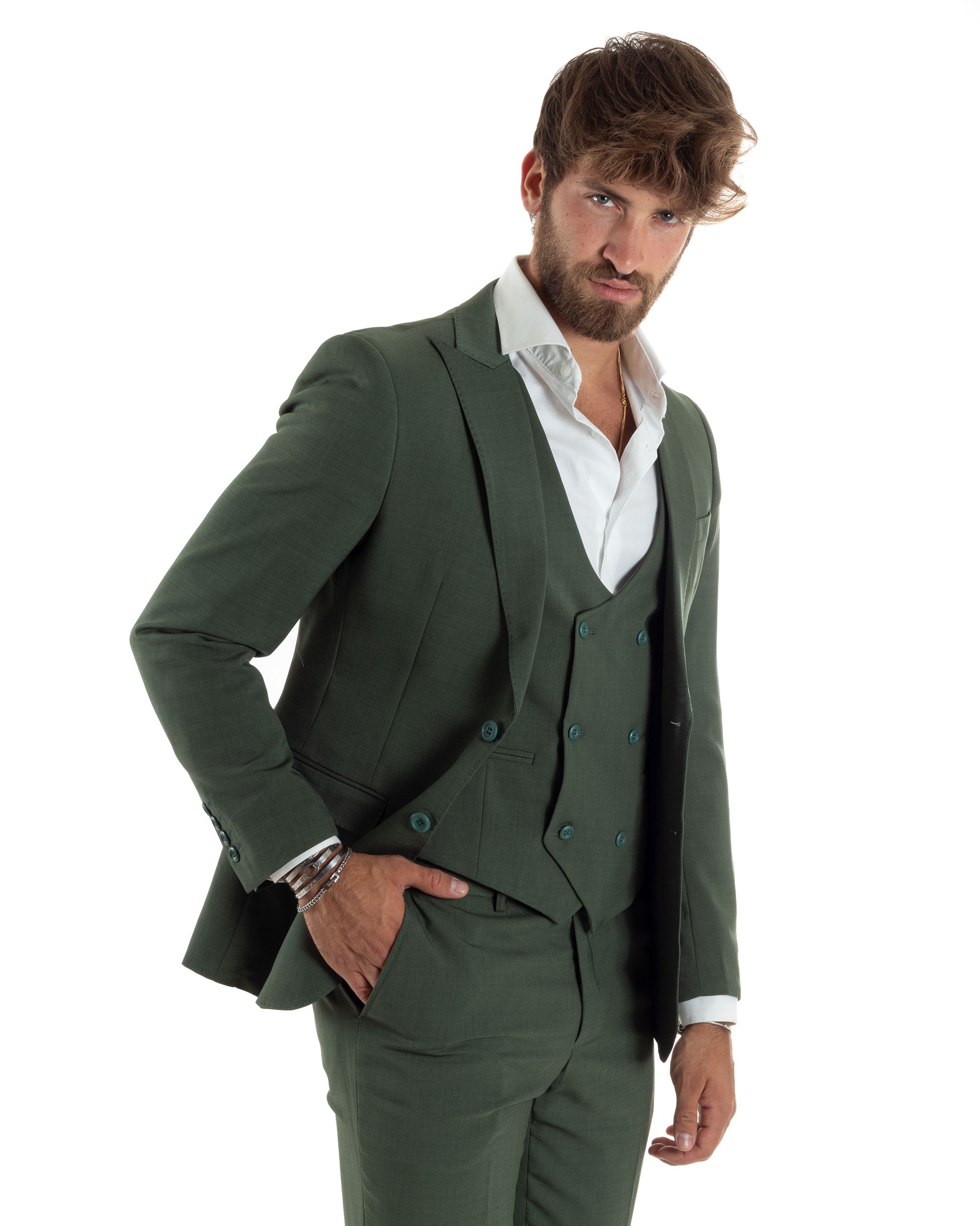 Abito Uomo Monopetto Vestito 3 Pezzi Completo Giacca Pantaloni Panciotto Elegante Sartoriale Verde Melangiato GIOSAL-AE1061A
