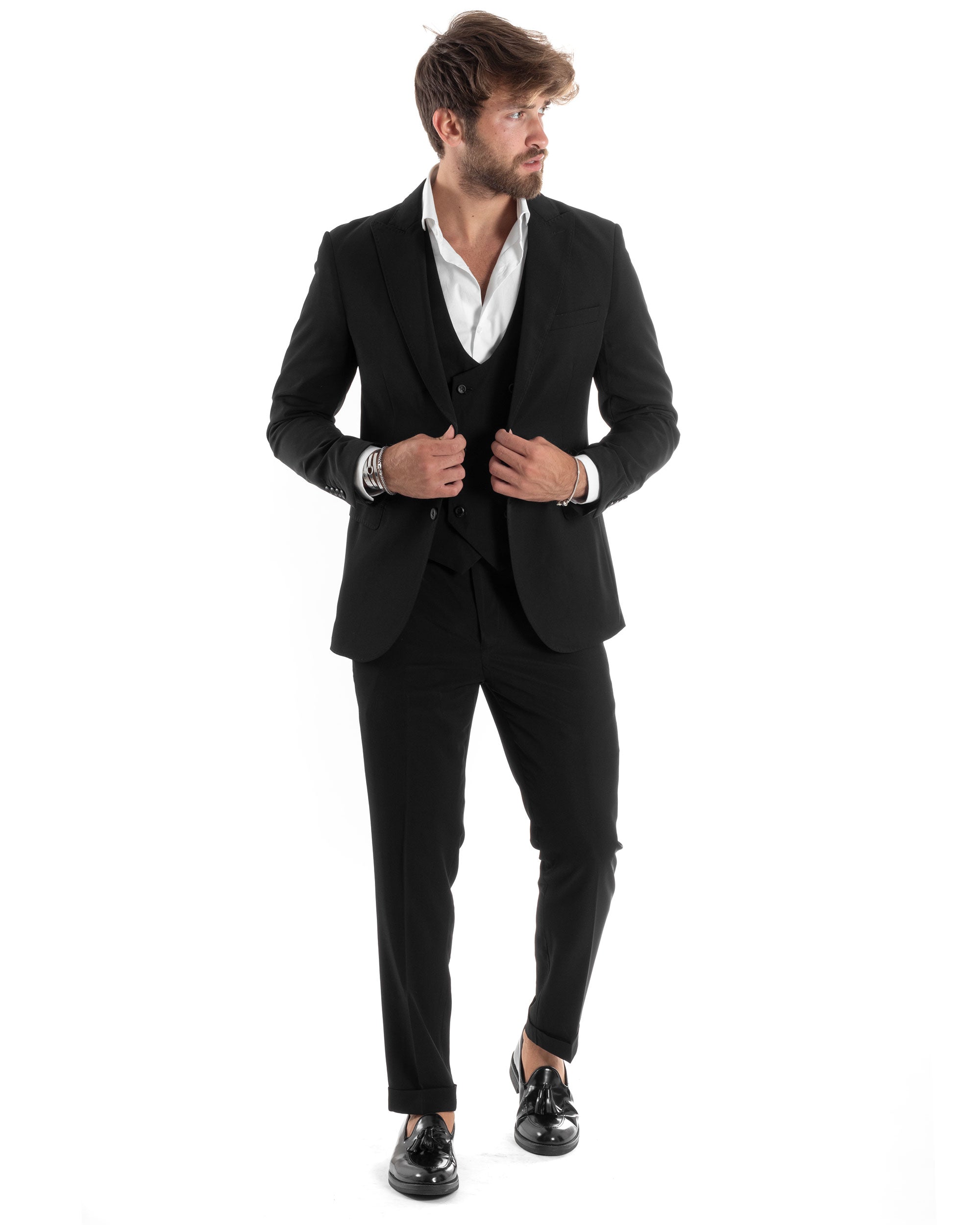 Abito Uomo Monopetto Vestito 3 Pezzi Completo Giacca Pantaloni Panciotto Elegante Sartoriale Nero GIOSAL-AE1067A