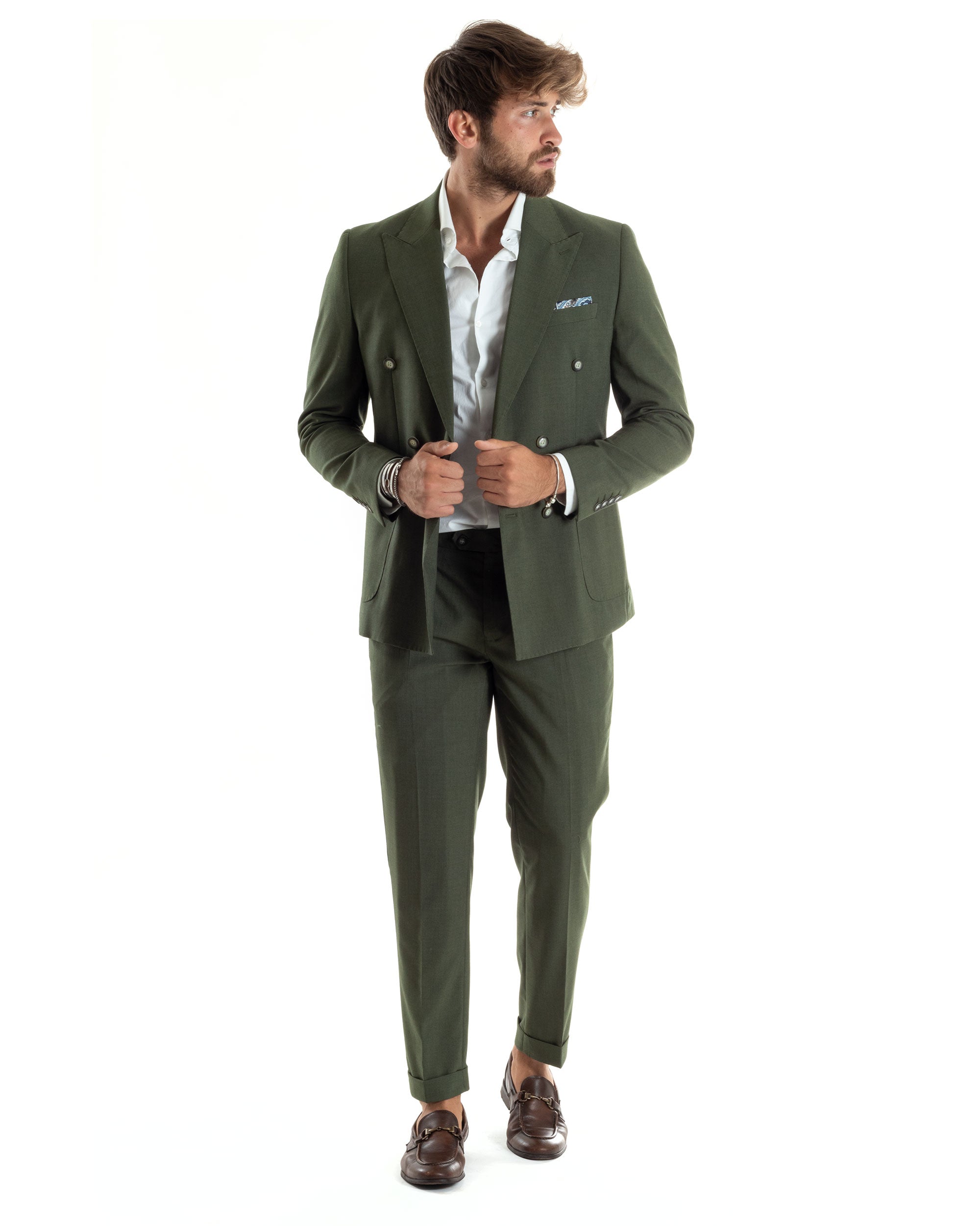 Abito Uomo Completo Sartoriale Doppiopetto Elegante Giacca Pantaloni Casual Tinta Unita Verde GIOSAL-AE1068A