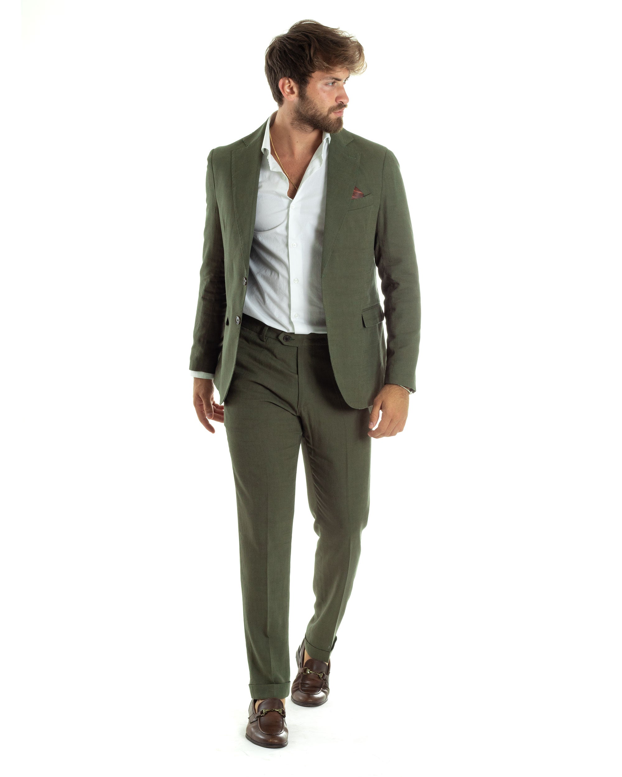 Abito Uomo Completo Lino Vestito Monopetto Sartoriale Giacca Pantaloni Casual Elegante Tinta Unita Verde GIOSAL-AE1074A