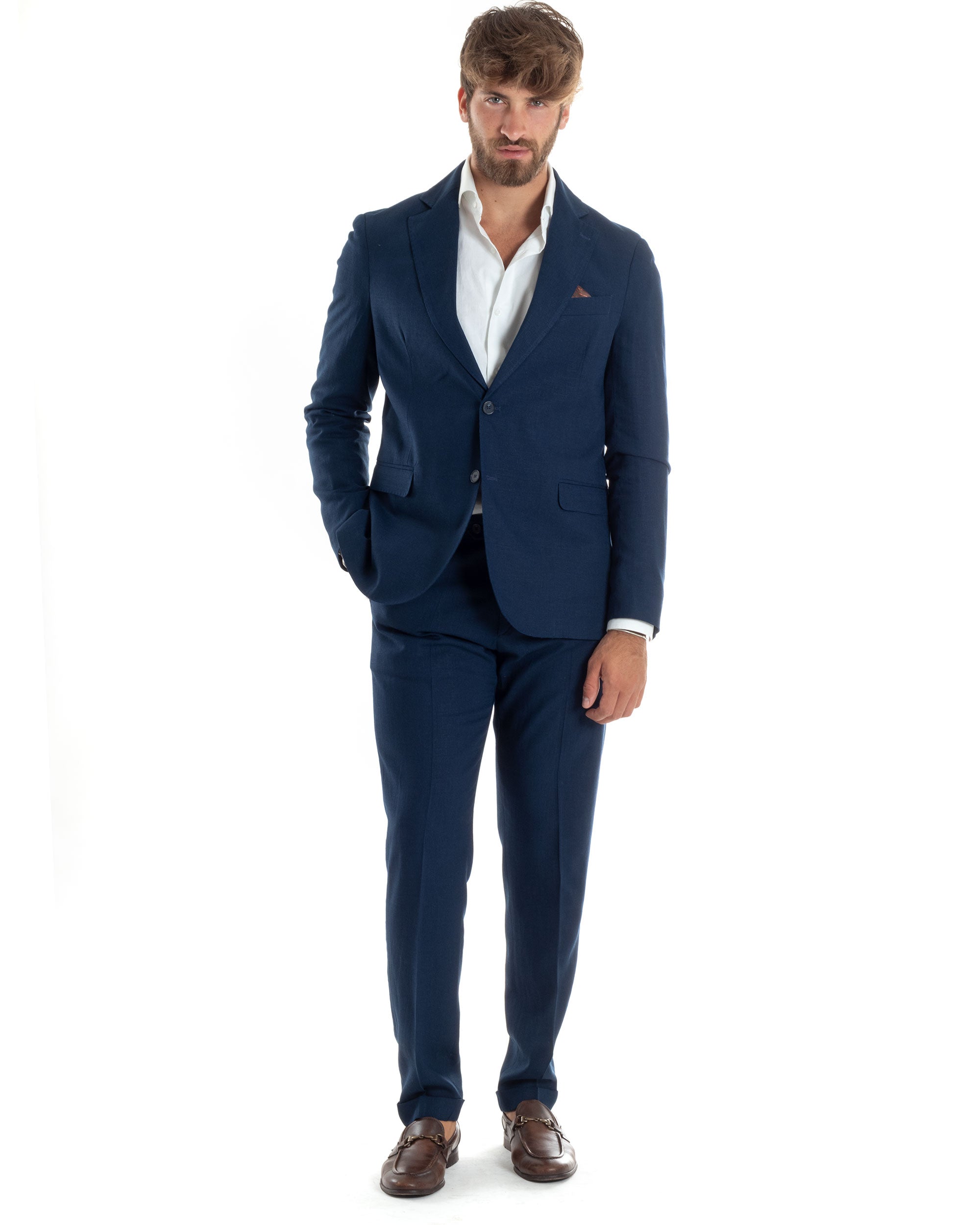 Abito Uomo Completo Lino Vestito Monopetto Sartoriale Giacca Pantaloni Casual Elegante Tinta Unita Blu GIOSAL-AE1075A