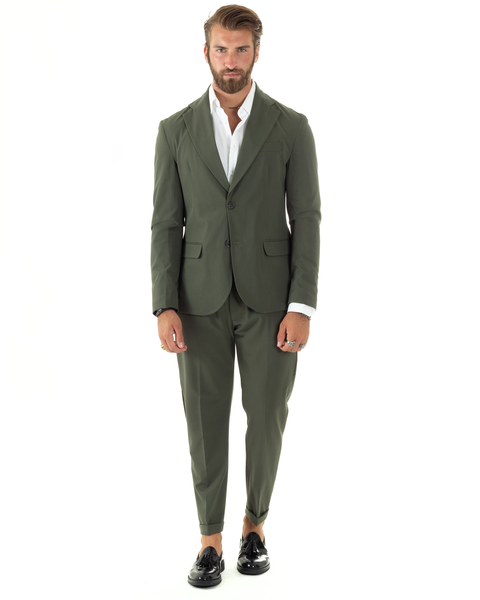 Abito Uomo Monopetto Vestito Viscosa Completo Giacca Pantaloni Elegante Casual Tinta Unita Verde GIOSAL-AE1076A