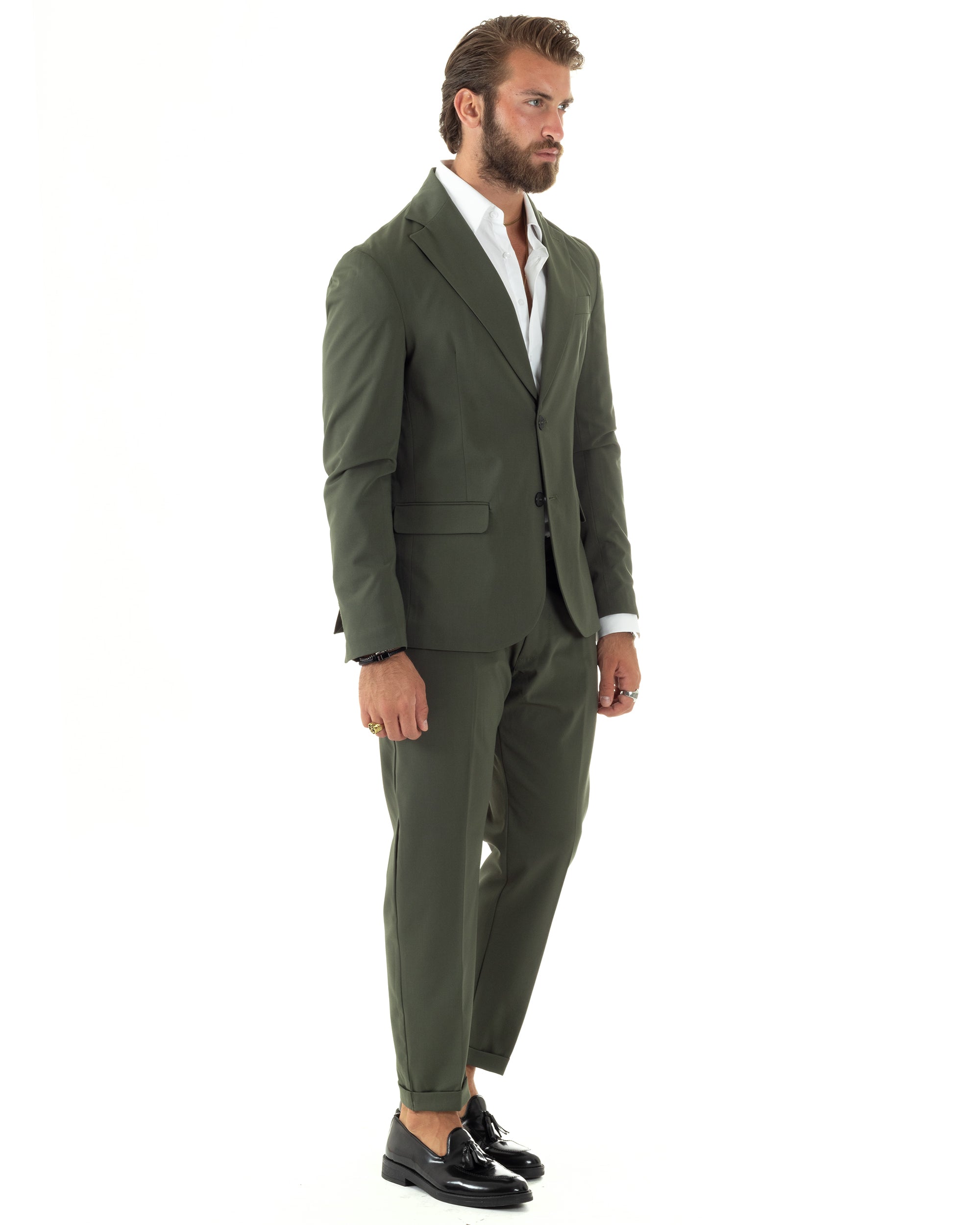 Abito Uomo Monopetto Vestito Viscosa Completo Giacca Pantaloni Elegante Casual Tinta Unita Verde GIOSAL-AE1076A