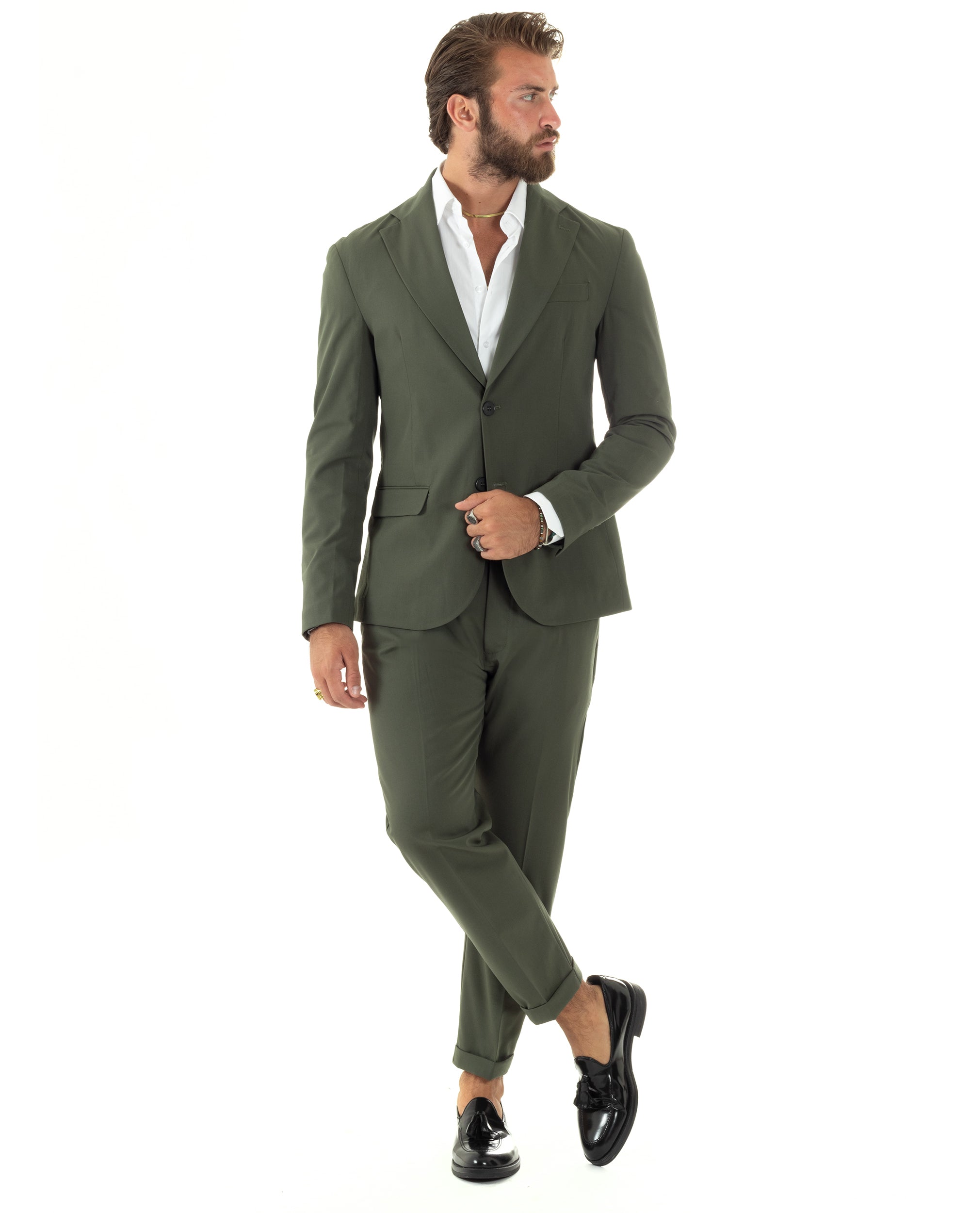 Abito Uomo Monopetto Vestito Viscosa Completo Giacca Pantaloni Elegante Casual Tinta Unita Verde GIOSAL-AE1076A