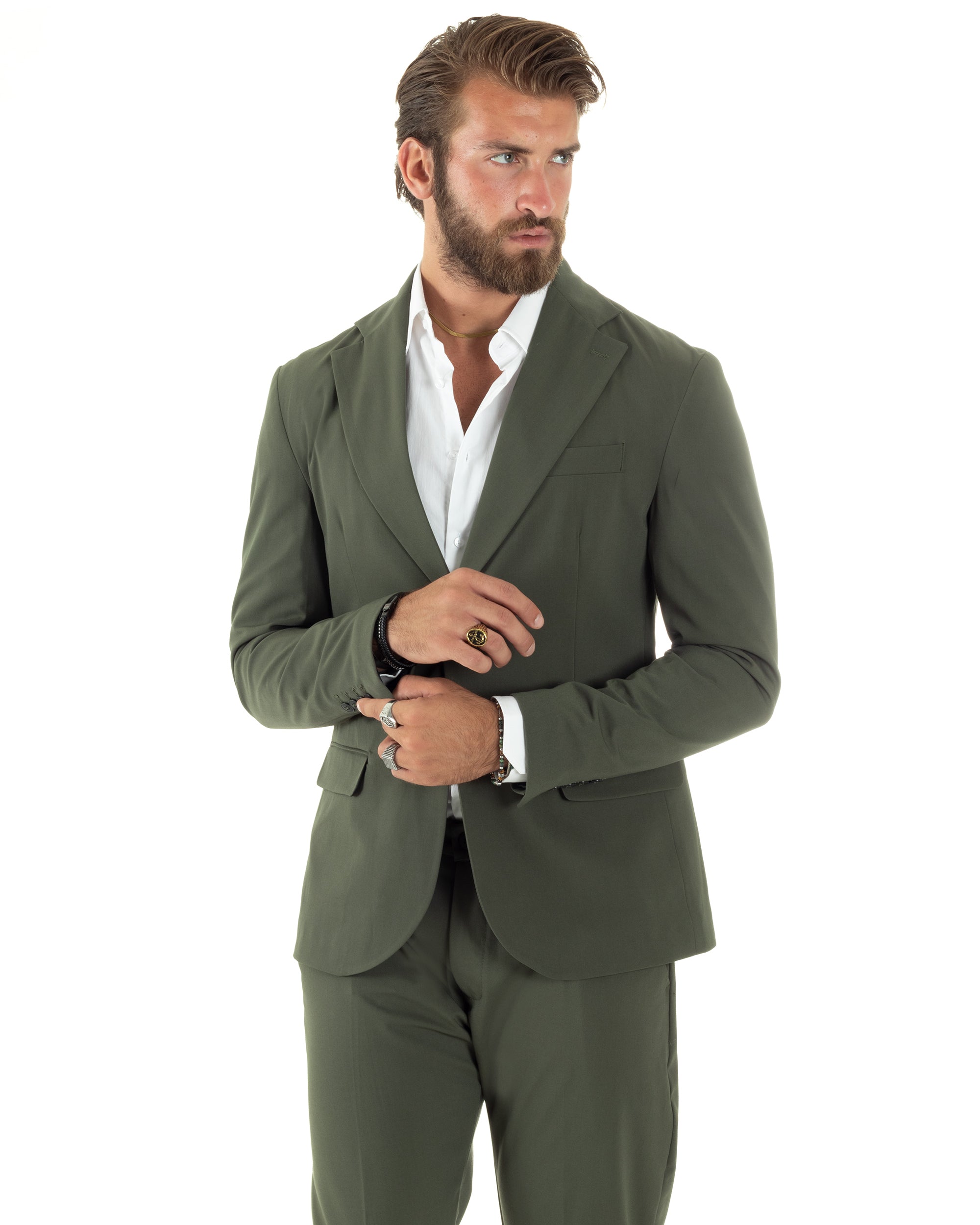 Abito Uomo Monopetto Vestito Viscosa Completo Giacca Pantaloni Elegante Casual Tinta Unita Verde GIOSAL-AE1076A