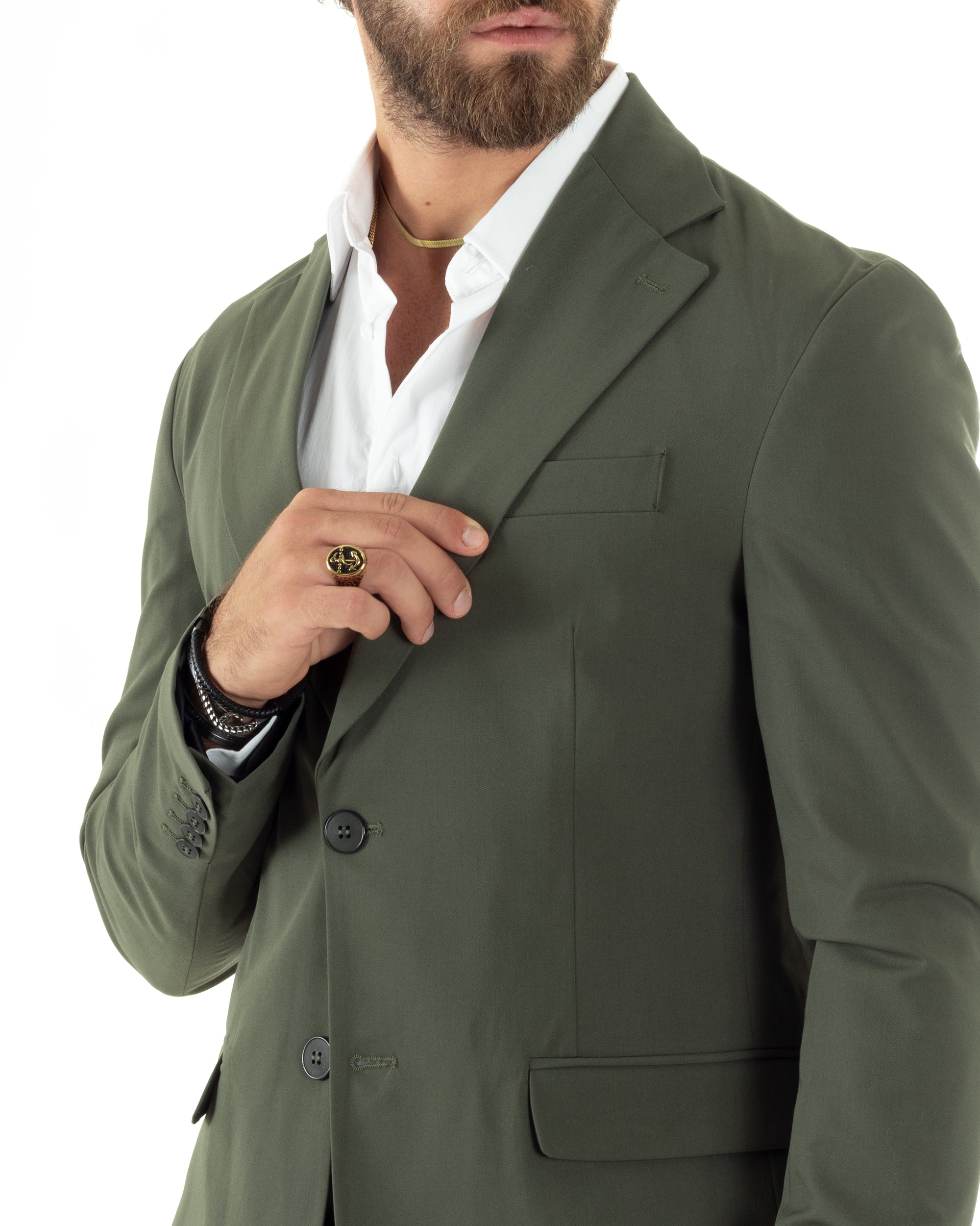 Abito Uomo Monopetto Vestito Viscosa Completo Giacca Pantaloni Elegante Casual Tinta Unita Verde GIOSAL-AE1076A