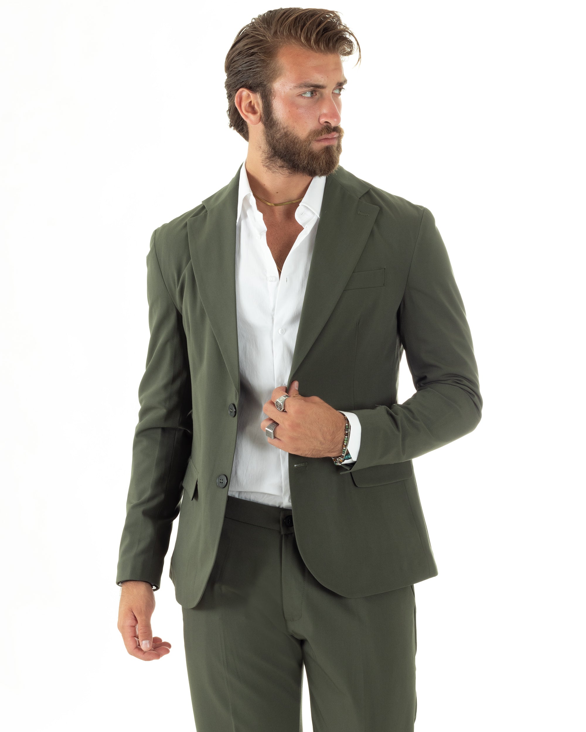 Abito Uomo Monopetto Vestito Viscosa Completo Giacca Pantaloni Elegante Casual Tinta Unita Verde GIOSAL-AE1076A