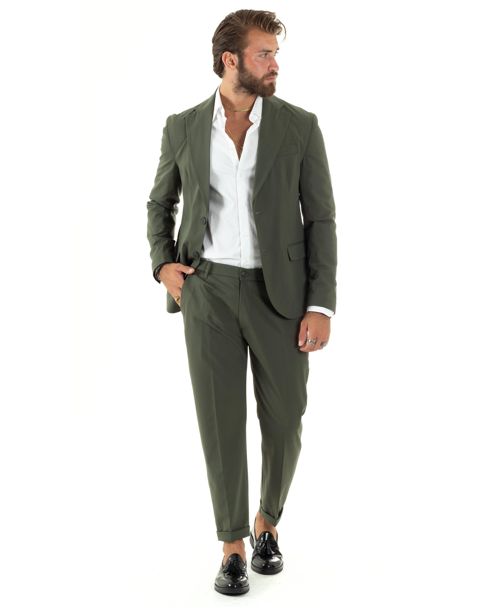 Abito Uomo Monopetto Vestito Viscosa Completo Giacca Pantaloni Elegante Casual Tinta Unita Verde GIOSAL-AE1076A