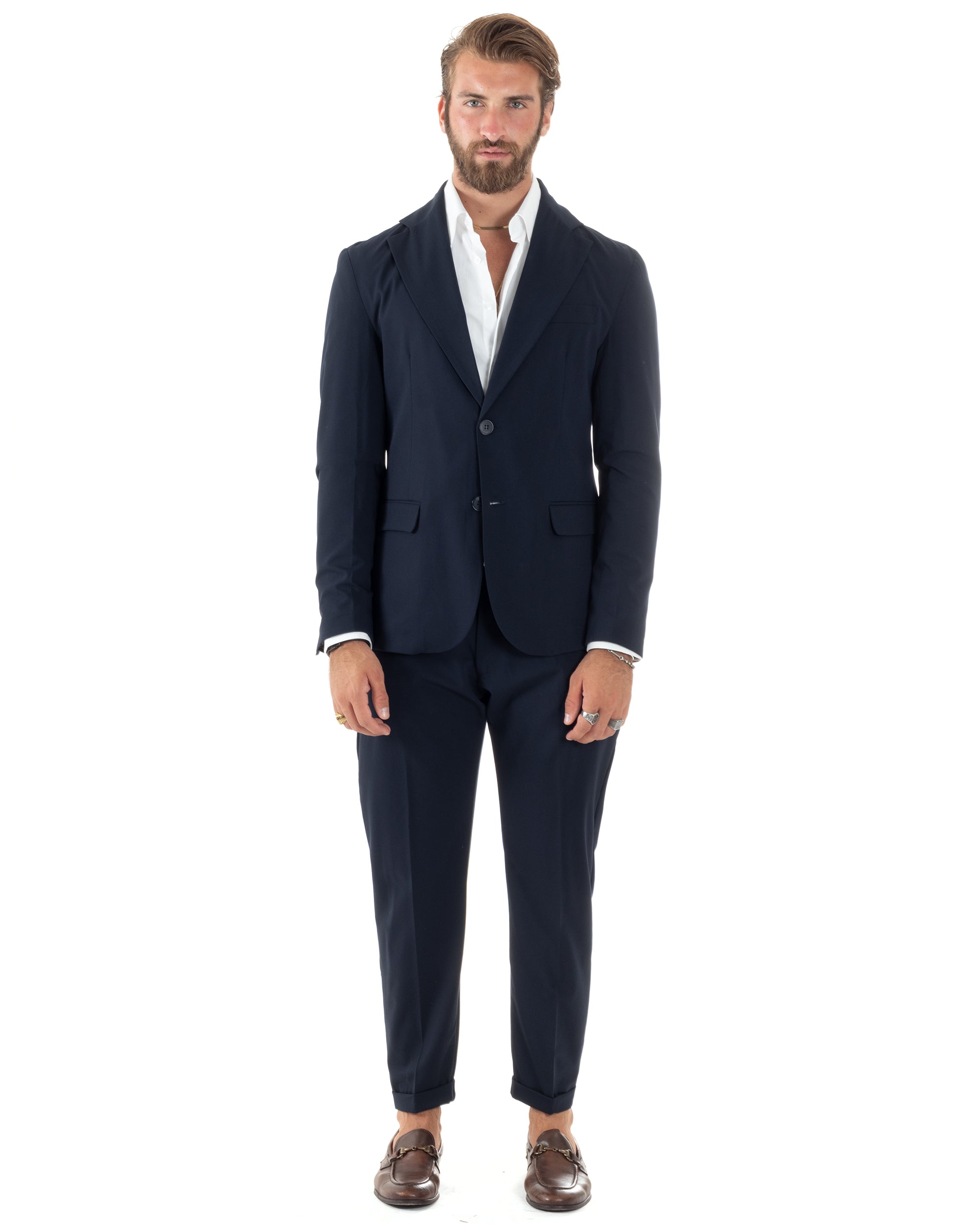 Abito Uomo Monopetto Vestito Viscosa Completo Giacca Pantaloni Elegante Casual Tinta Unita Blu GIOSAL-AE1077A